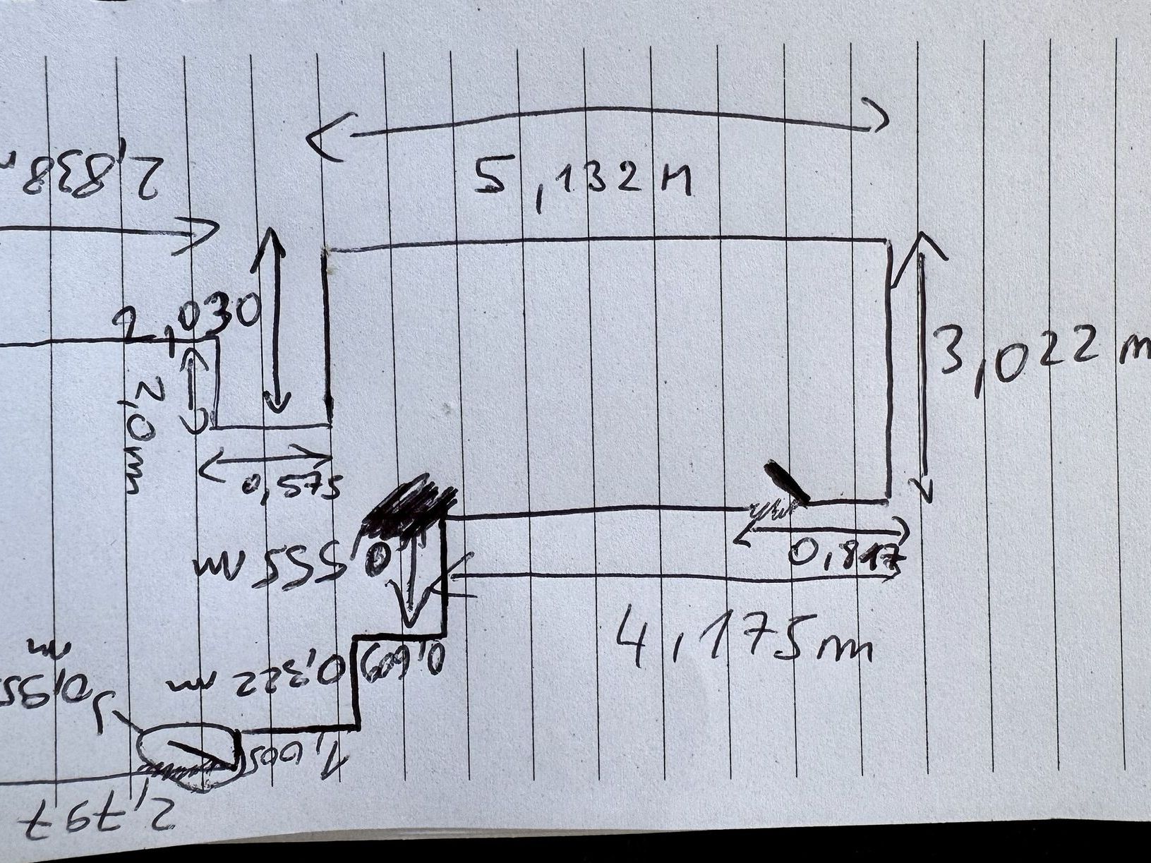 Restaurant kitchen, site survey, Wynigen BE — On-site survey sketch, dimensioned by hand