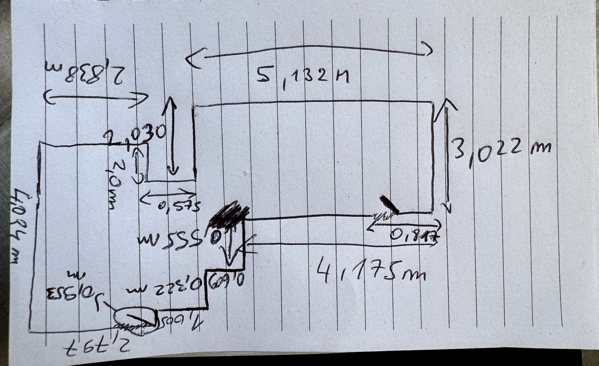 Restaurant kitchen, site survey, Wynigen BE — On-site survey sketch, dimensioned by hand