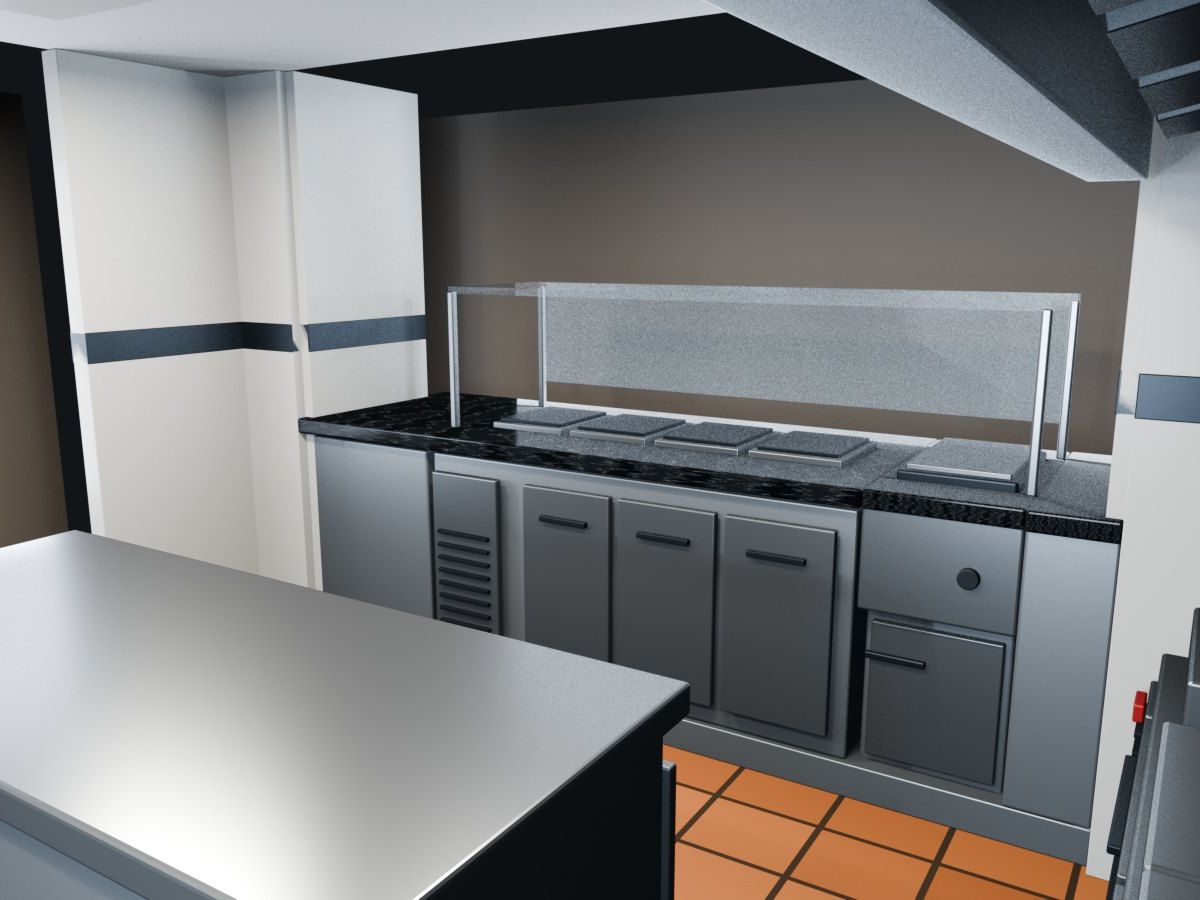 Professional snack-bar kitchen, Dübendorf ZH — Service line with granite top and extended glass — Visualisation