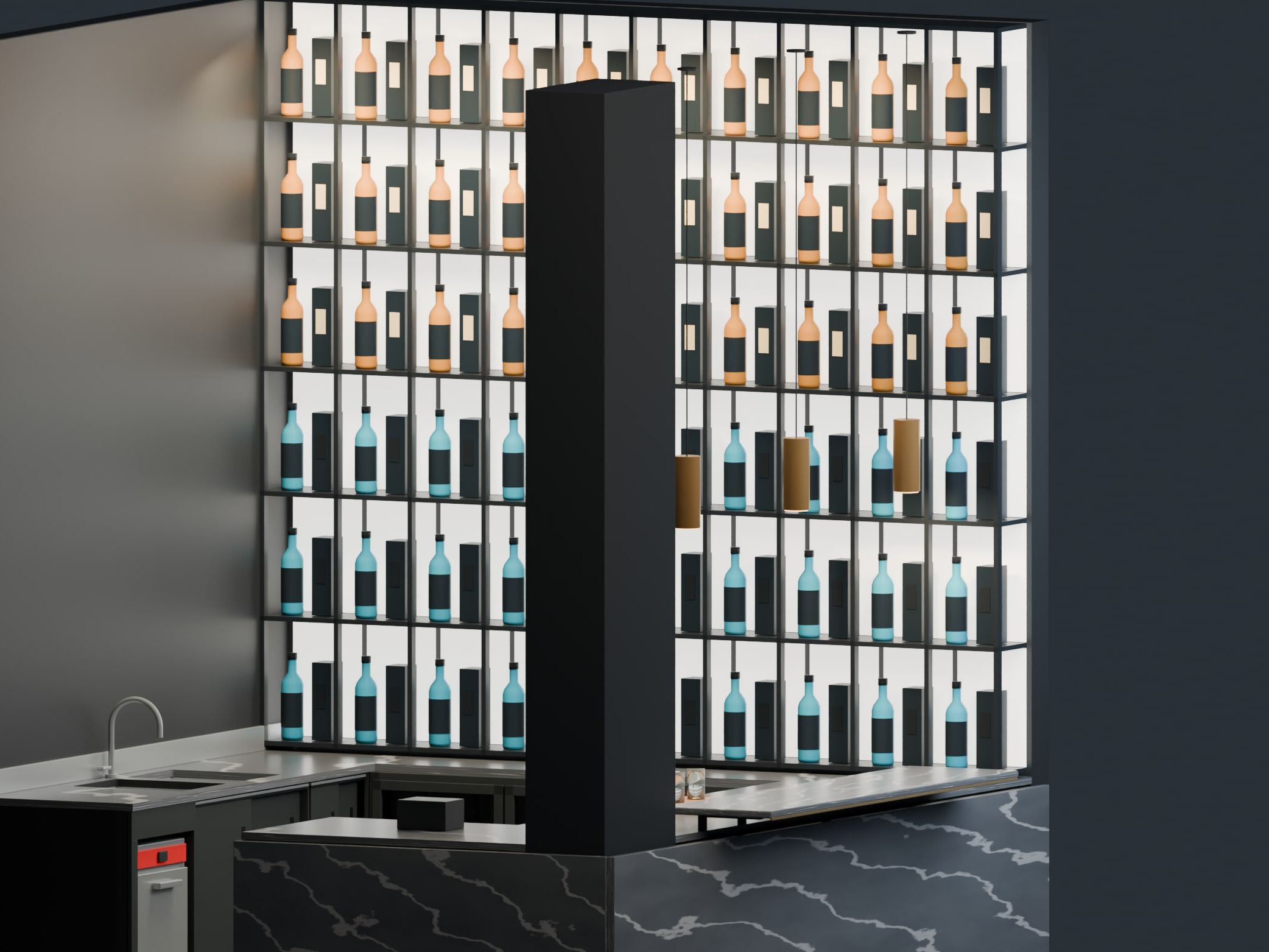 Bar & lounge, Suhr AG — Back bar with lit bottle wall, detail — Visualisation