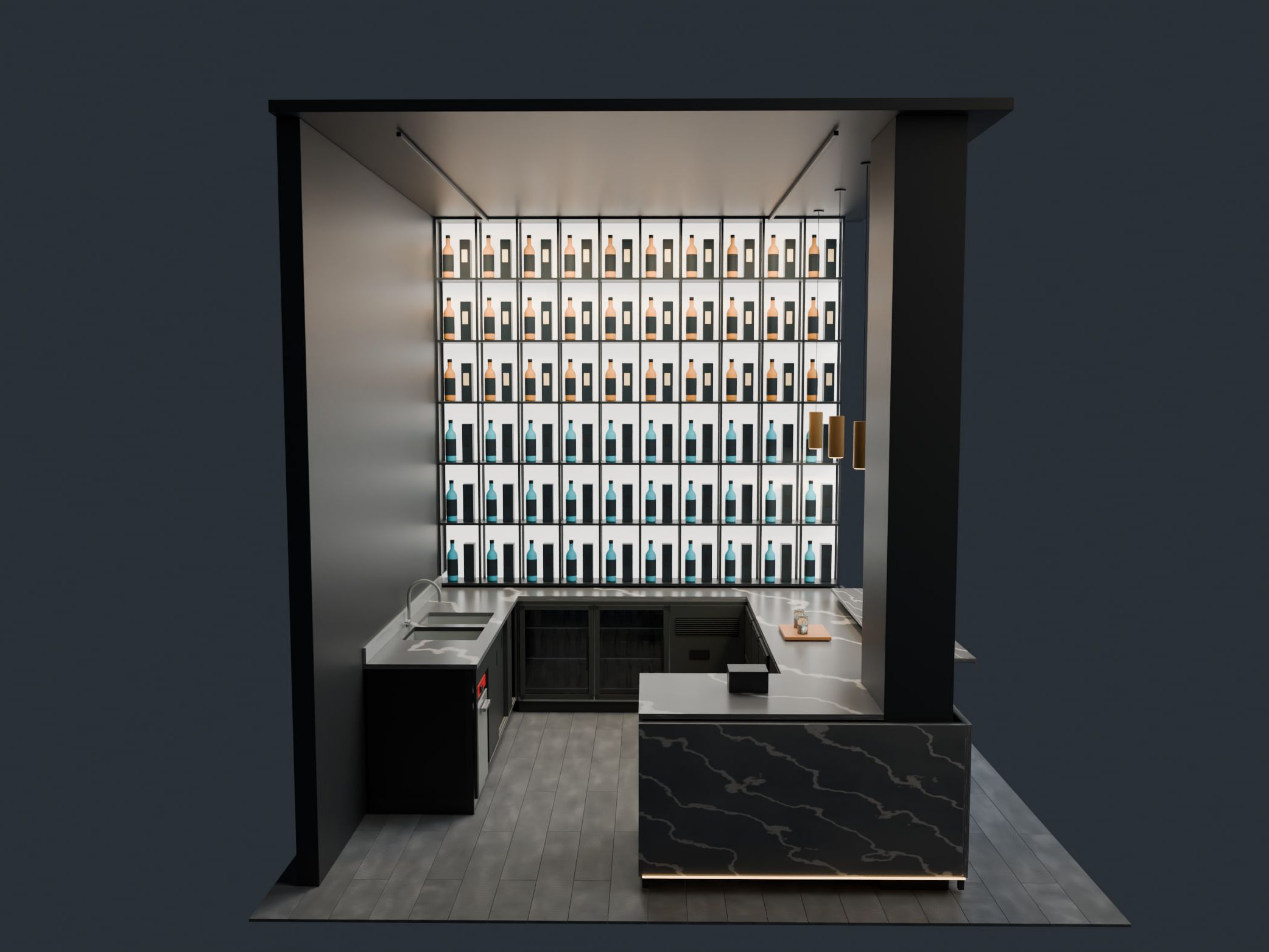 Bar & lounge, Suhr AG — Bar in section, bottle wall up to the ceiling — Visualisation