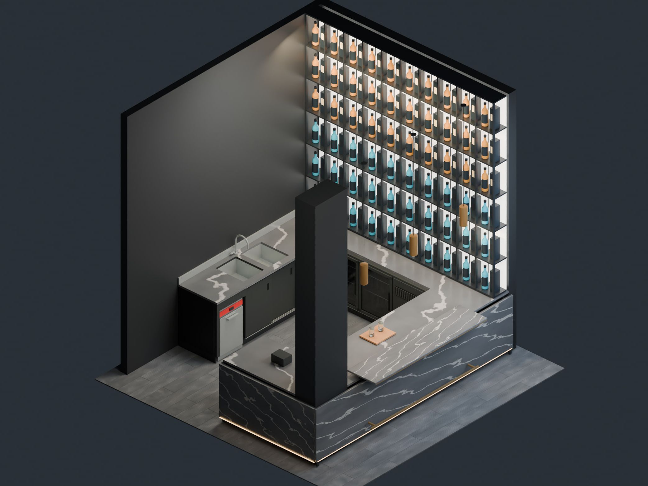 Bar & lounge, Suhr AG — Made-to-measure bar counter, axonometric view — Visualisation