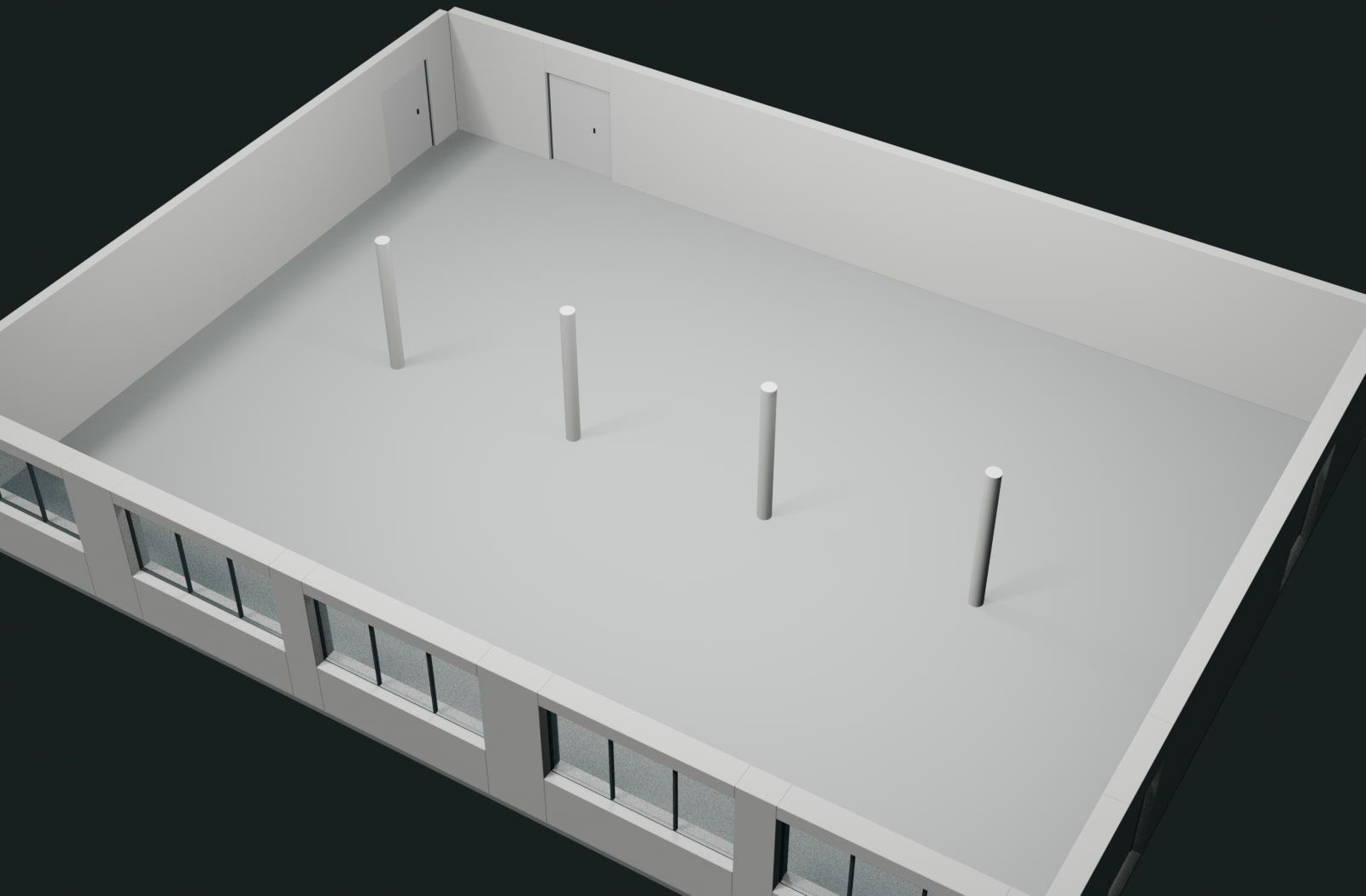 Schulcafeteria — Bestehender Raum, leer, 3D-Modell nach Bestandsplan