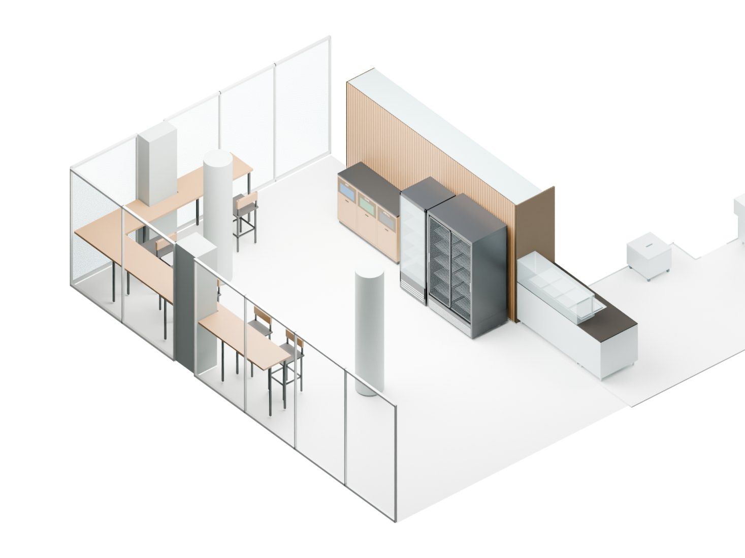 Station take-away, Aarau AG — Guest area in the 3D model: standing counters at the window, drinks coolers, waste sorting — Visualisation