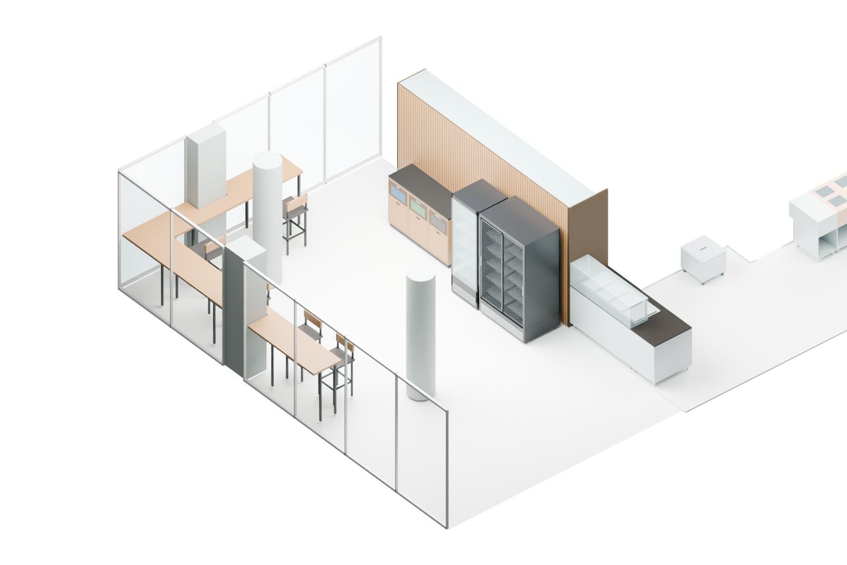 Station take-away, Aarau AG — Guest area in the 3D model: standing counters at the window, drinks coolers, waste sorting
