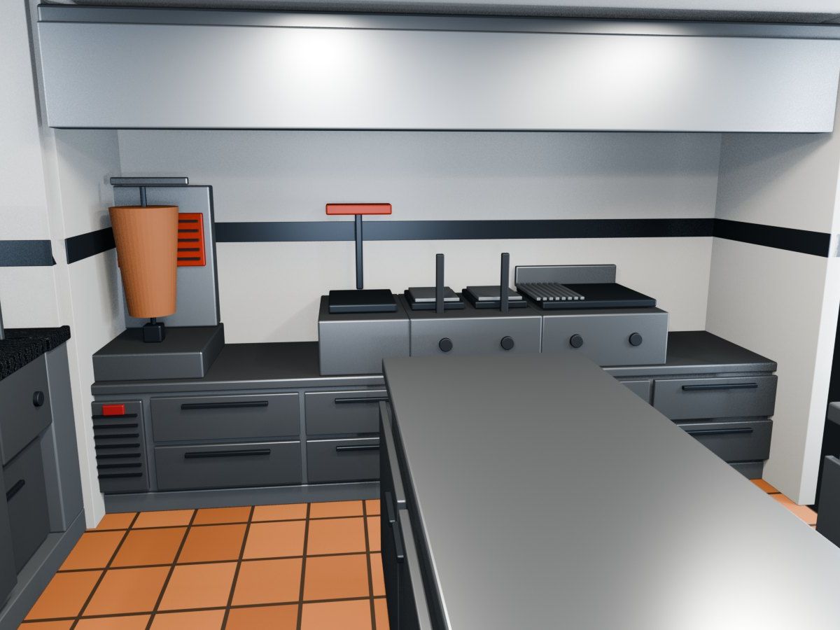 Professional snack-bar kitchen, Dübendorf ZH — Cooking line on two refrigerated bases — Visualisation