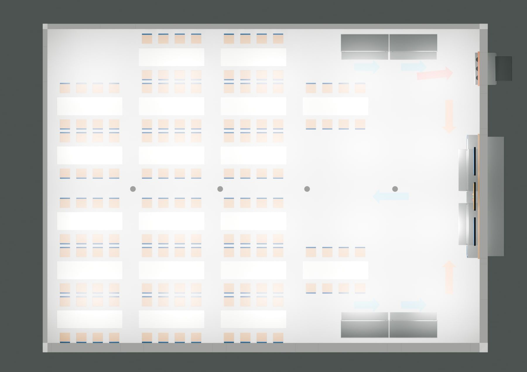 Schulcafeteria — Variante A von oben, 3D-Modell — Visualisierung