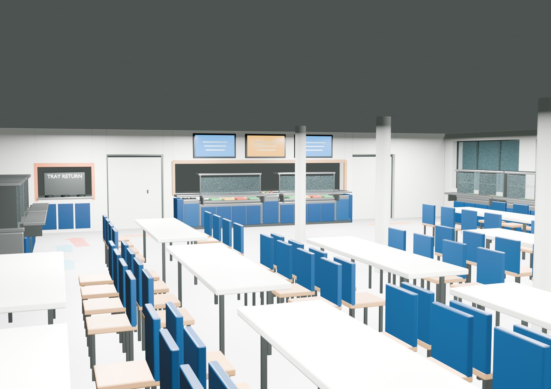 Schulcafeteria — Gastraum mit Blick zur Ausgabe, 3D-Modell — Visualisierung