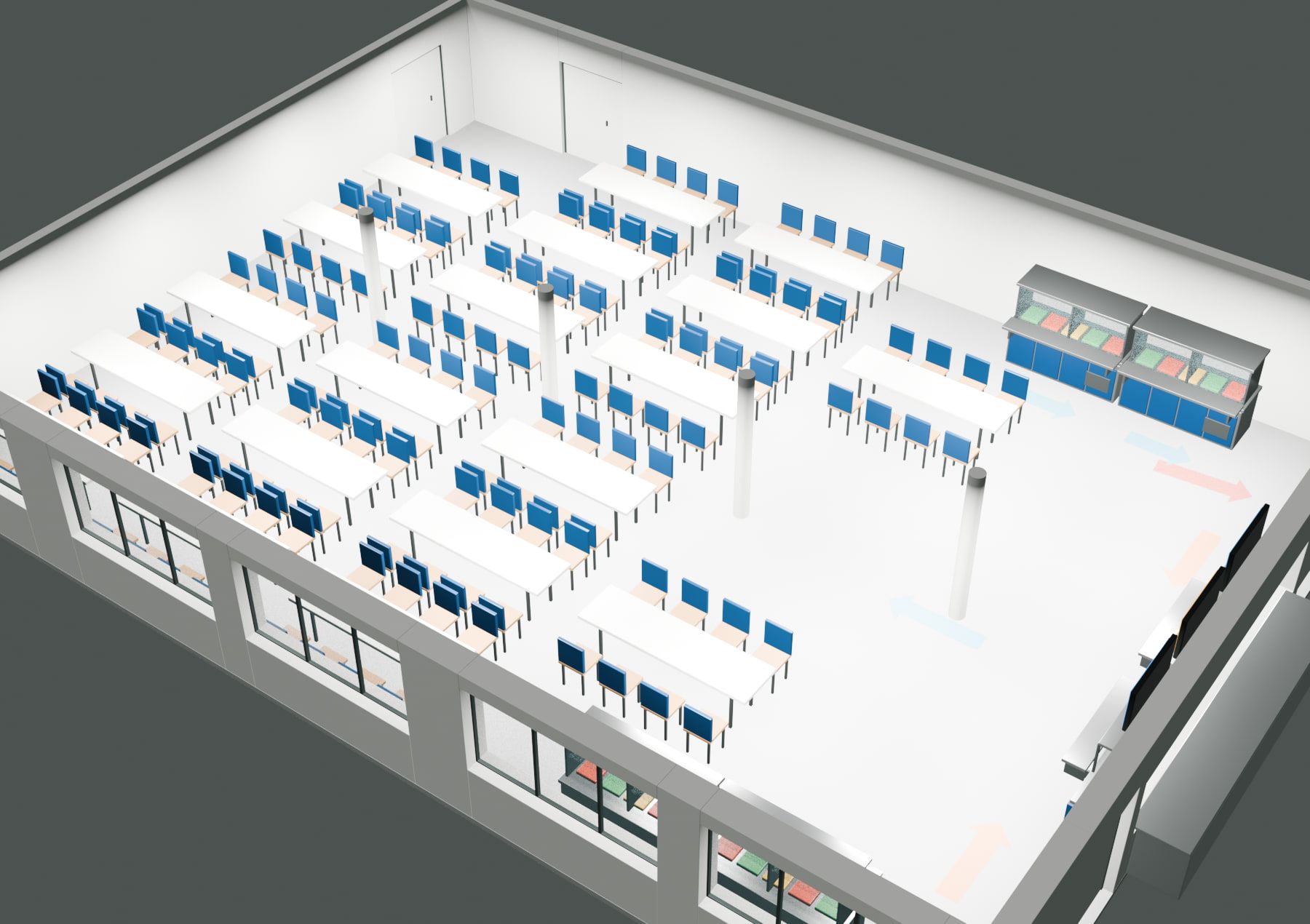 Schulcafeteria — Variante A, Luftbild des 3D-Modells — Visualisierung
