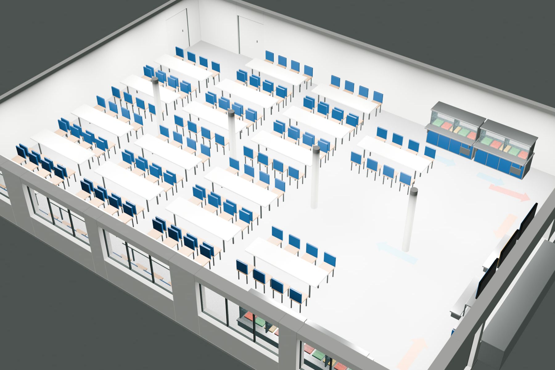 School cafeteria — Option A, aerial view of the 3D model — Visualisation