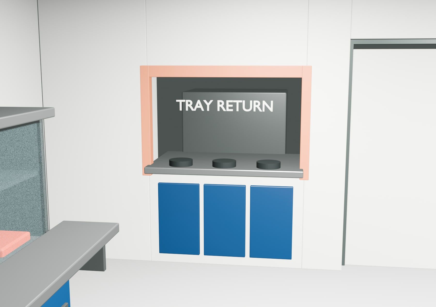 Schulcafeteria — Tablettrückgabe in eigener Wandöffnung, 3D-Modell — Visualisierung
