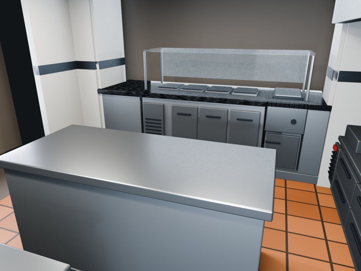 Professional snack-bar kitchen, Dübendorf ZH — Technical 3D study: work island and service line — Visualisation
