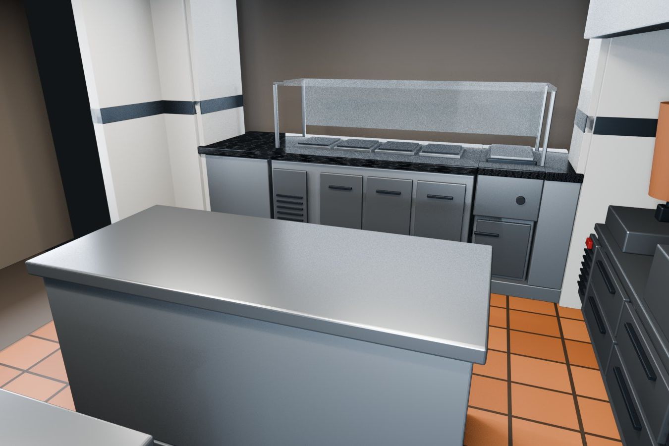 Professional snack-bar kitchen, Dübendorf ZH — Technical 3D study: work island and service line — Visualisation
