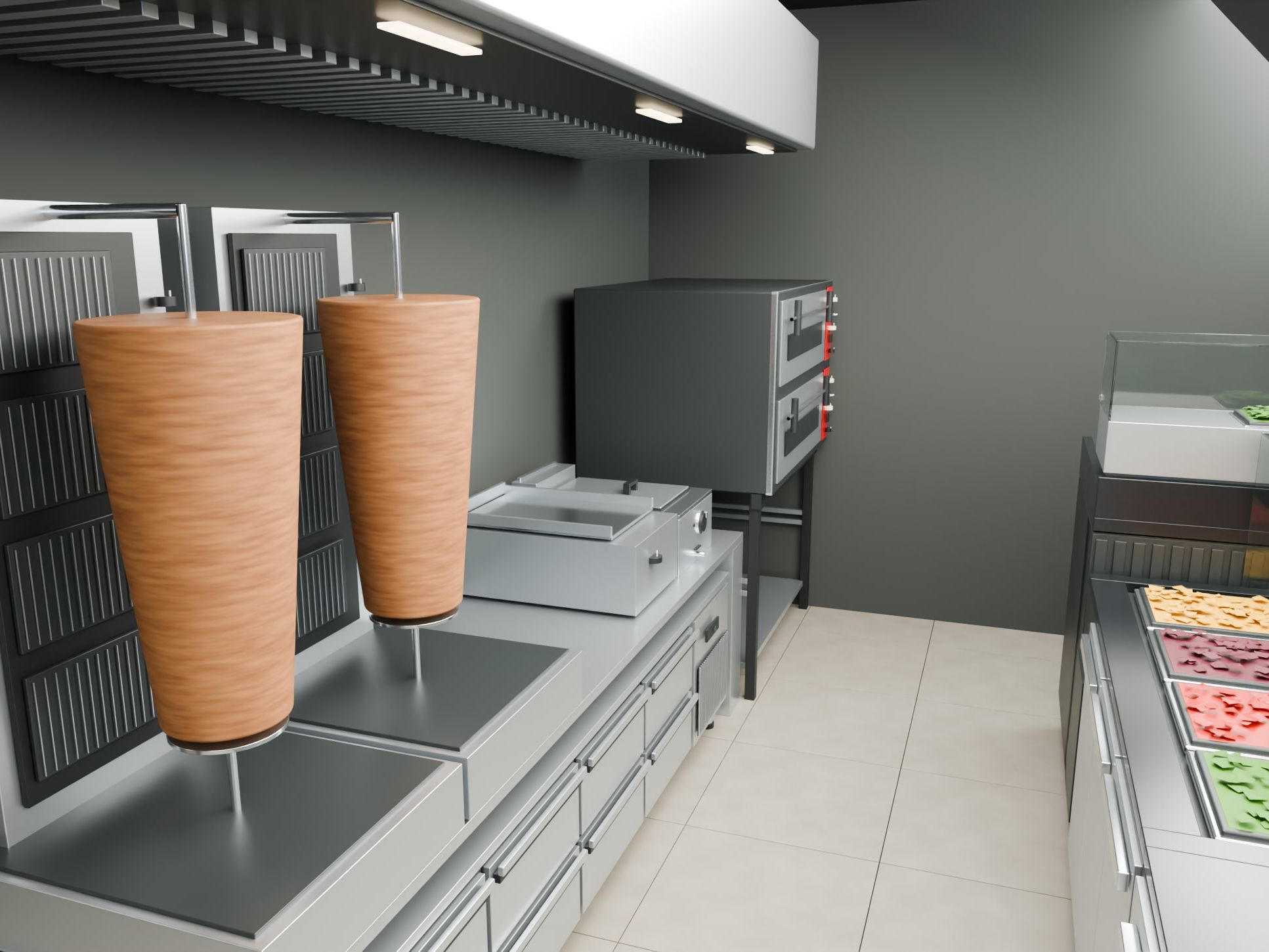 Kebab & pizza restaurant with dining room, Rorschach SG — Kitchen, staff side: kebab grills, fryer and oven — Visualisation