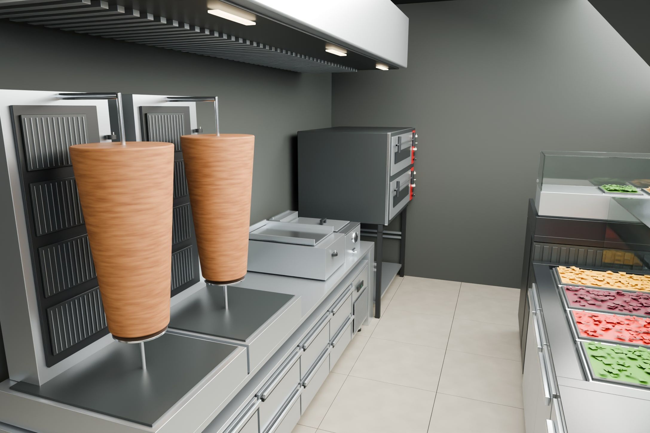Kebab & pizza restaurant with dining room, Rorschach SG — Kitchen, staff side: kebab grills, fryer and oven