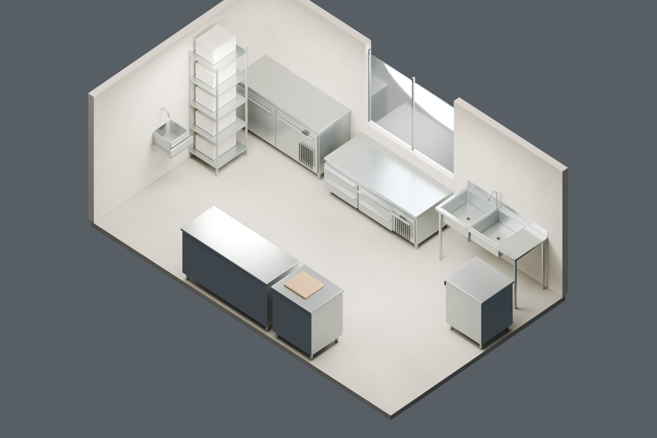 Hospitality space, Oberentfelden AG — Kitchen in the back room, kebab option, axonometric view — Visualisation
