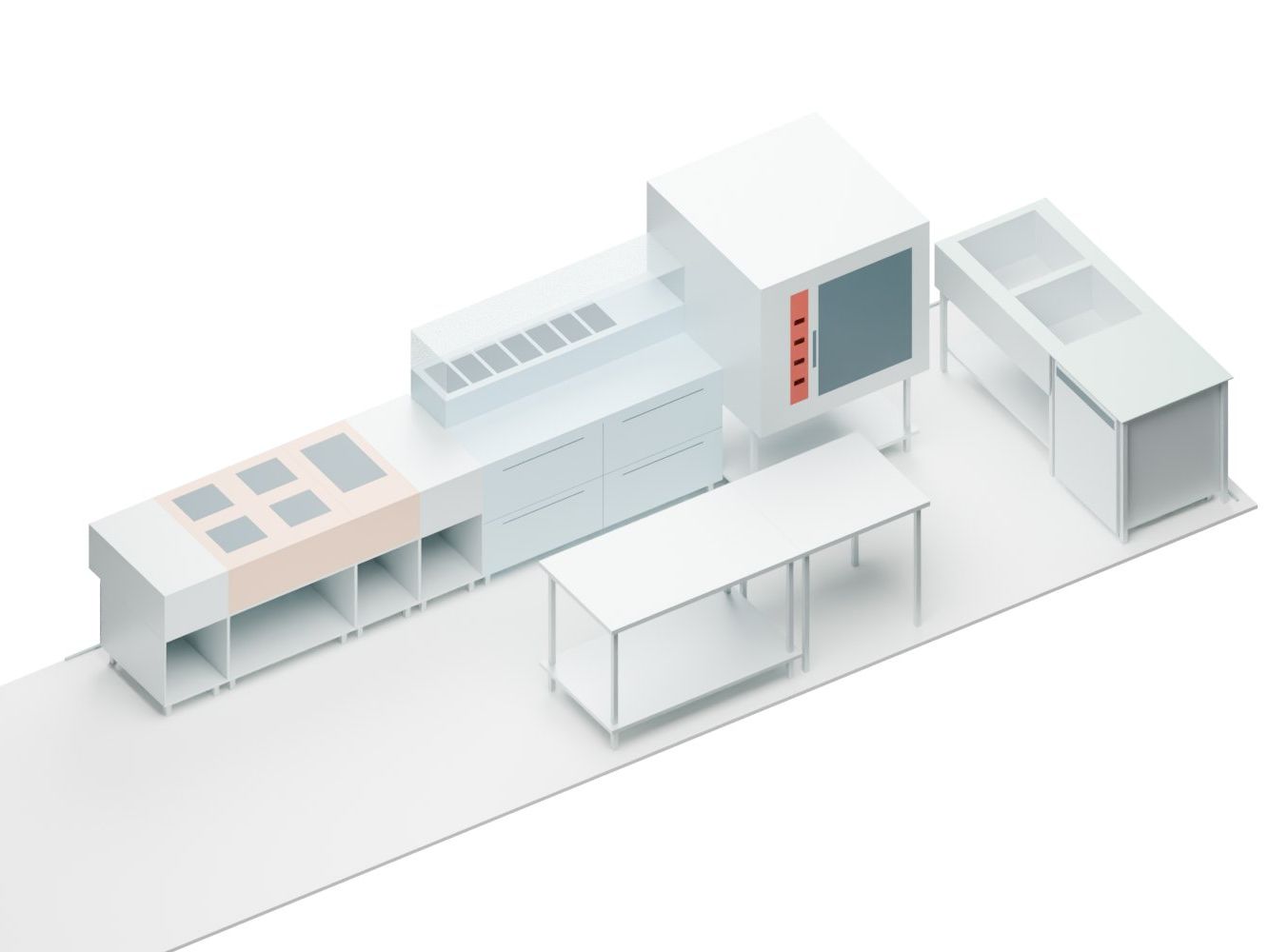 Station take-away, Aarau AG — Cooking line with combi oven and double sink, axonometric — Visualisation