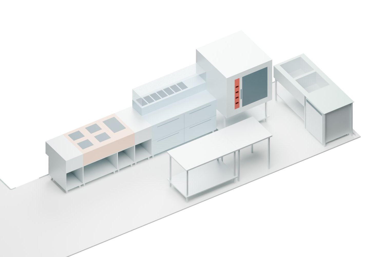 Station take-away, Aarau AG — Cooking line with combi oven and double sink, axonometric