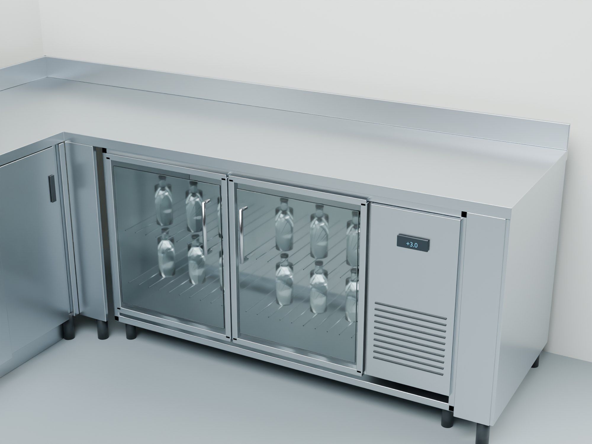 Custom stainless-steel bar line, Mörlenbach, Germany — Refrigeration side: two-door glass-front counter — Visualisation