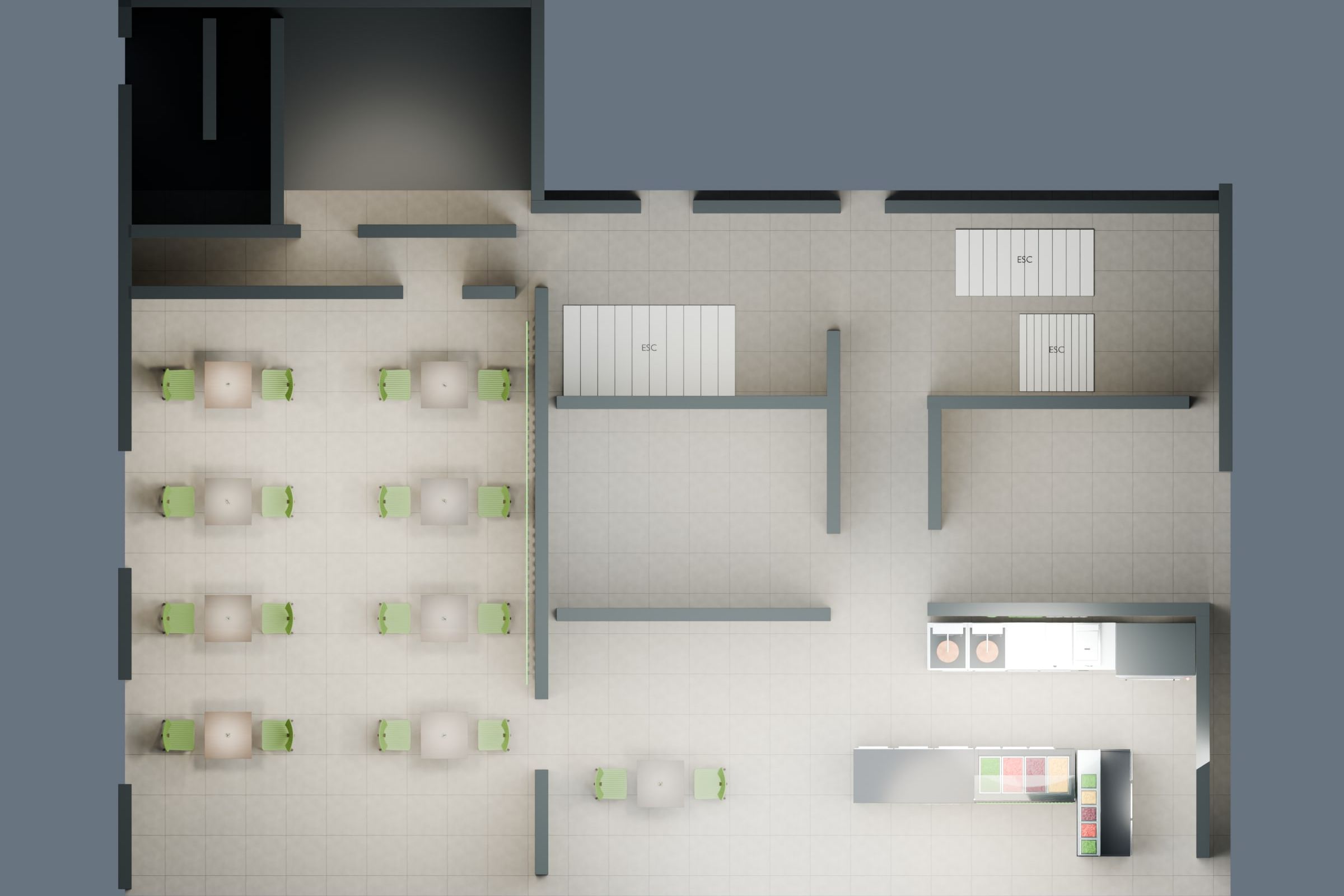 Kebab & pizza restaurant with dining room, Rorschach SG — 3D model from above: dining room, storage and kitchen