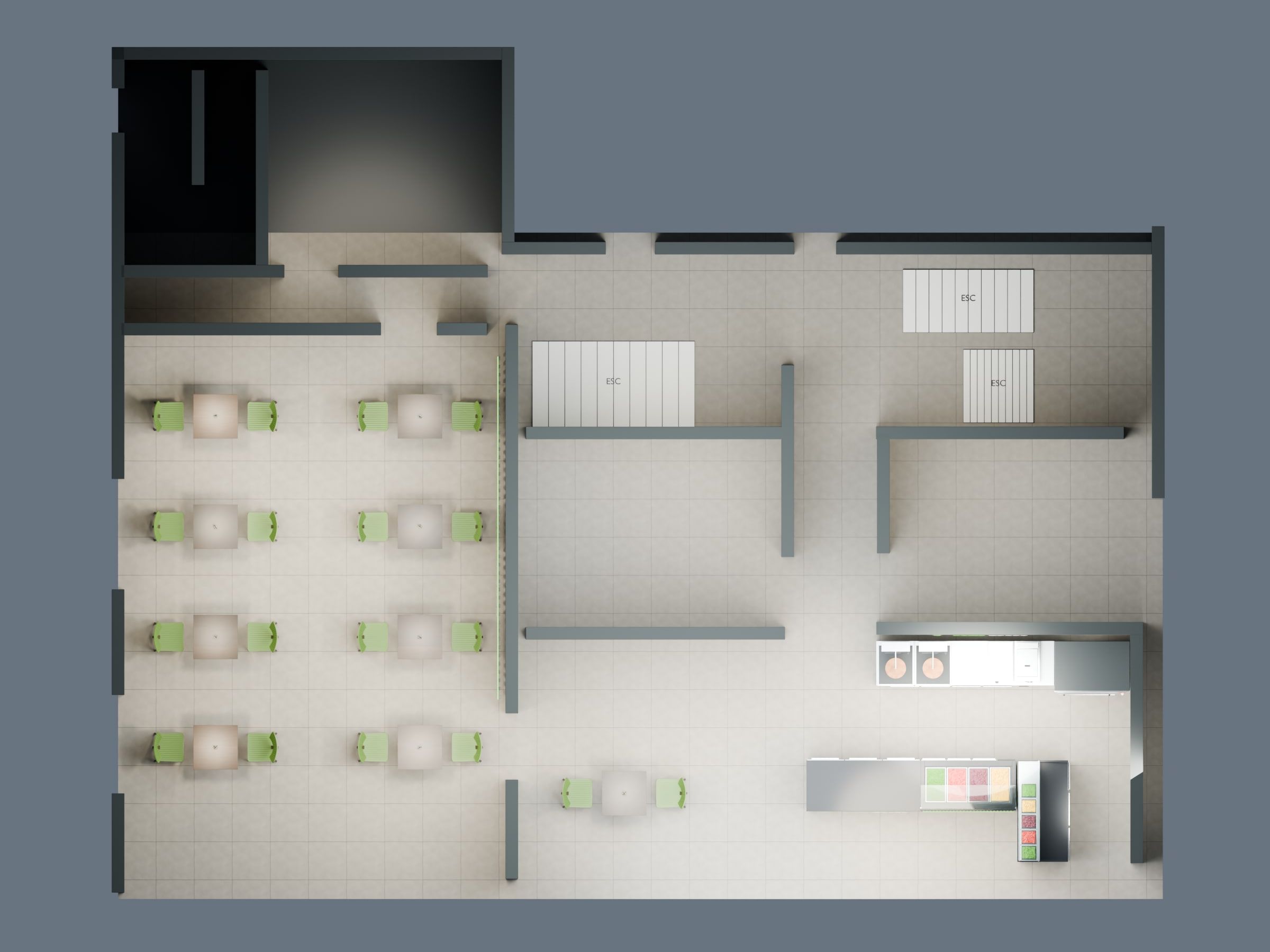 Kebab & pizza restaurant with dining room, Rorschach SG — 3D model from above: dining room, storage and kitchen — Visualisation