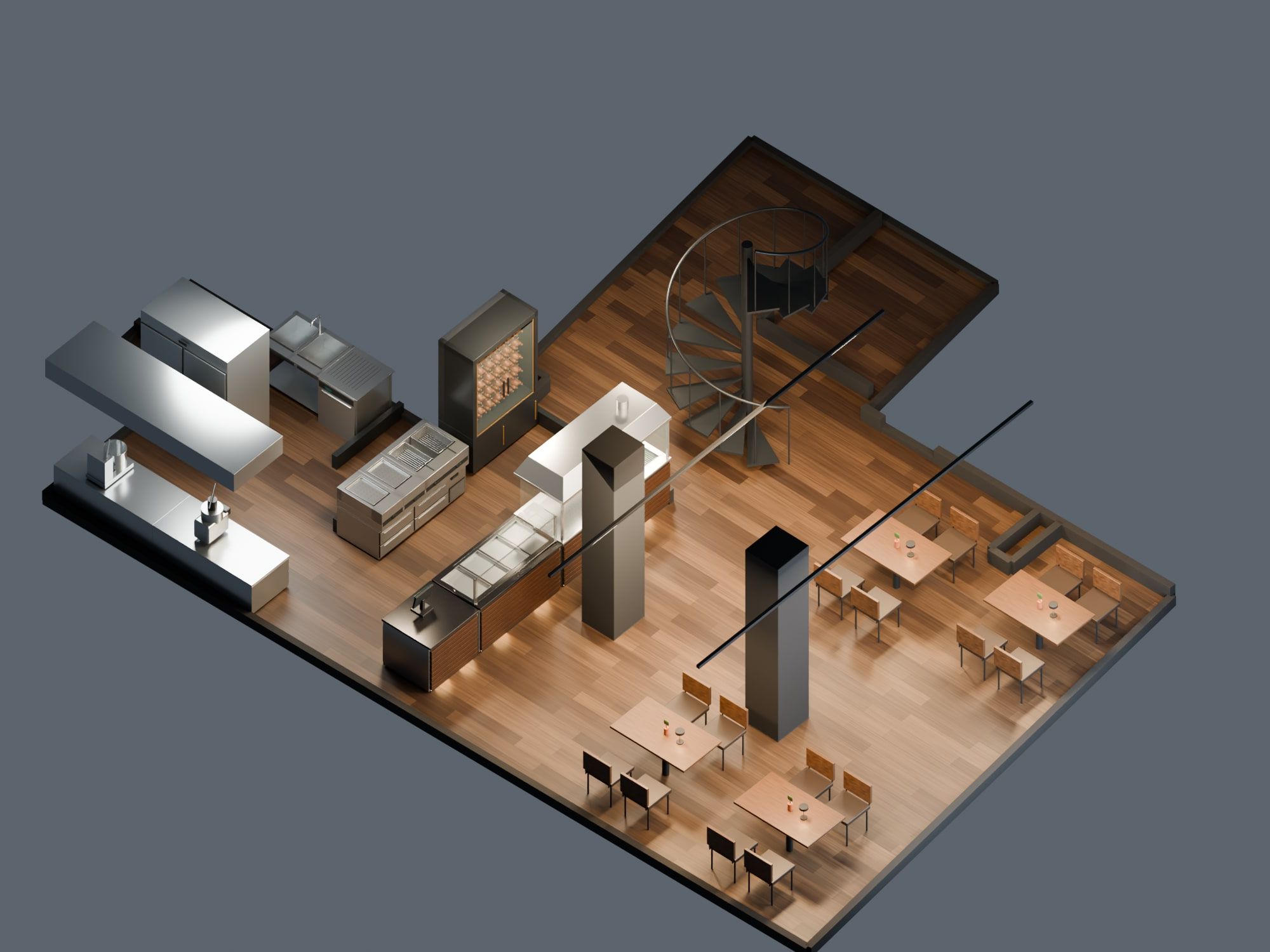 Fast-Food-Restaurant auf zwei Ebenen, St. Gallen SG — Ebene 2 von oben, 3D-Modell — Visualisierung