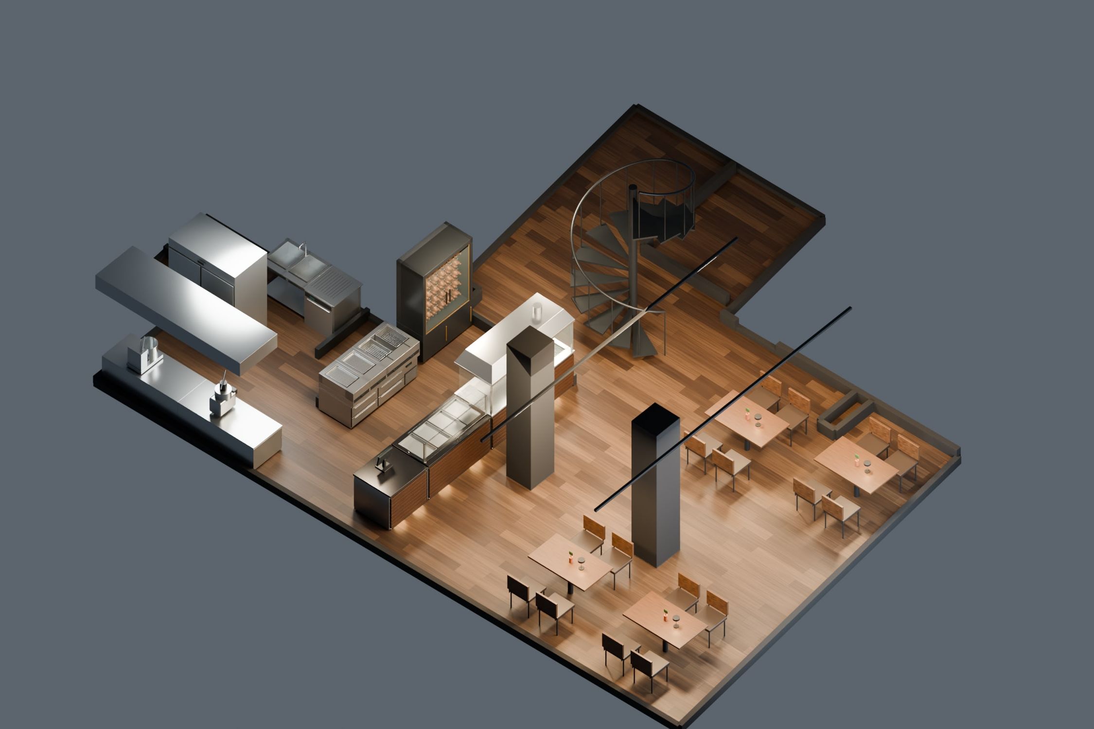 Two-level fast-food restaurant, St. Gallen SG — Level 2 from above, 3D model — Visualisation