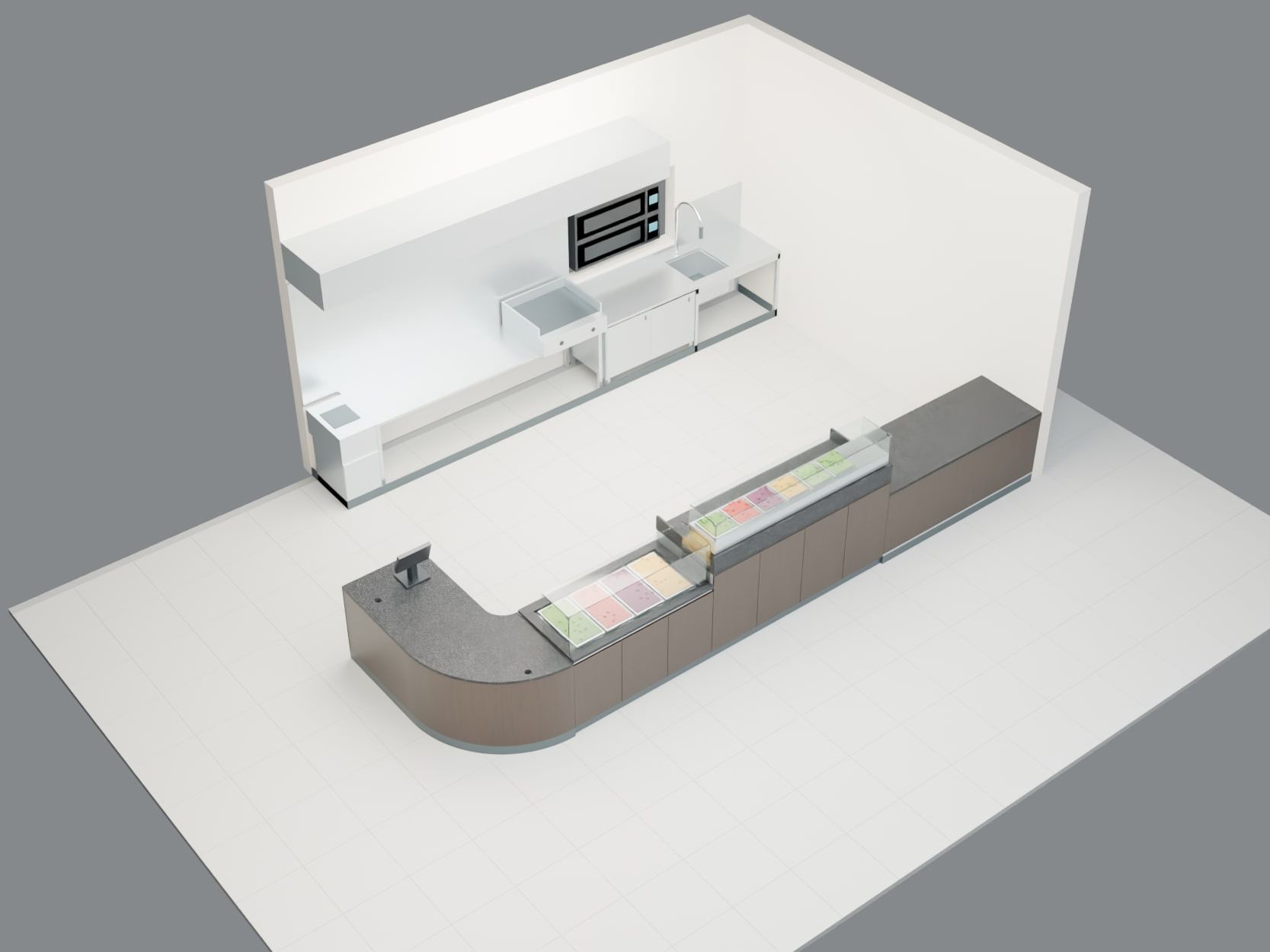 Take-away with curved counter, Wohlen AG — Both lines from above, 3D model — Visualisation