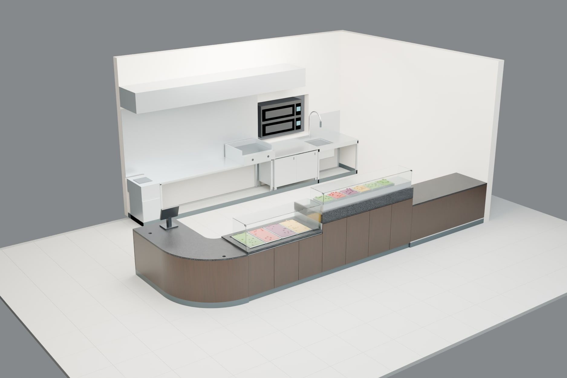 Take-away with curved counter, Wohlen AG — Counter from the customer side, 3D model — Visualisation