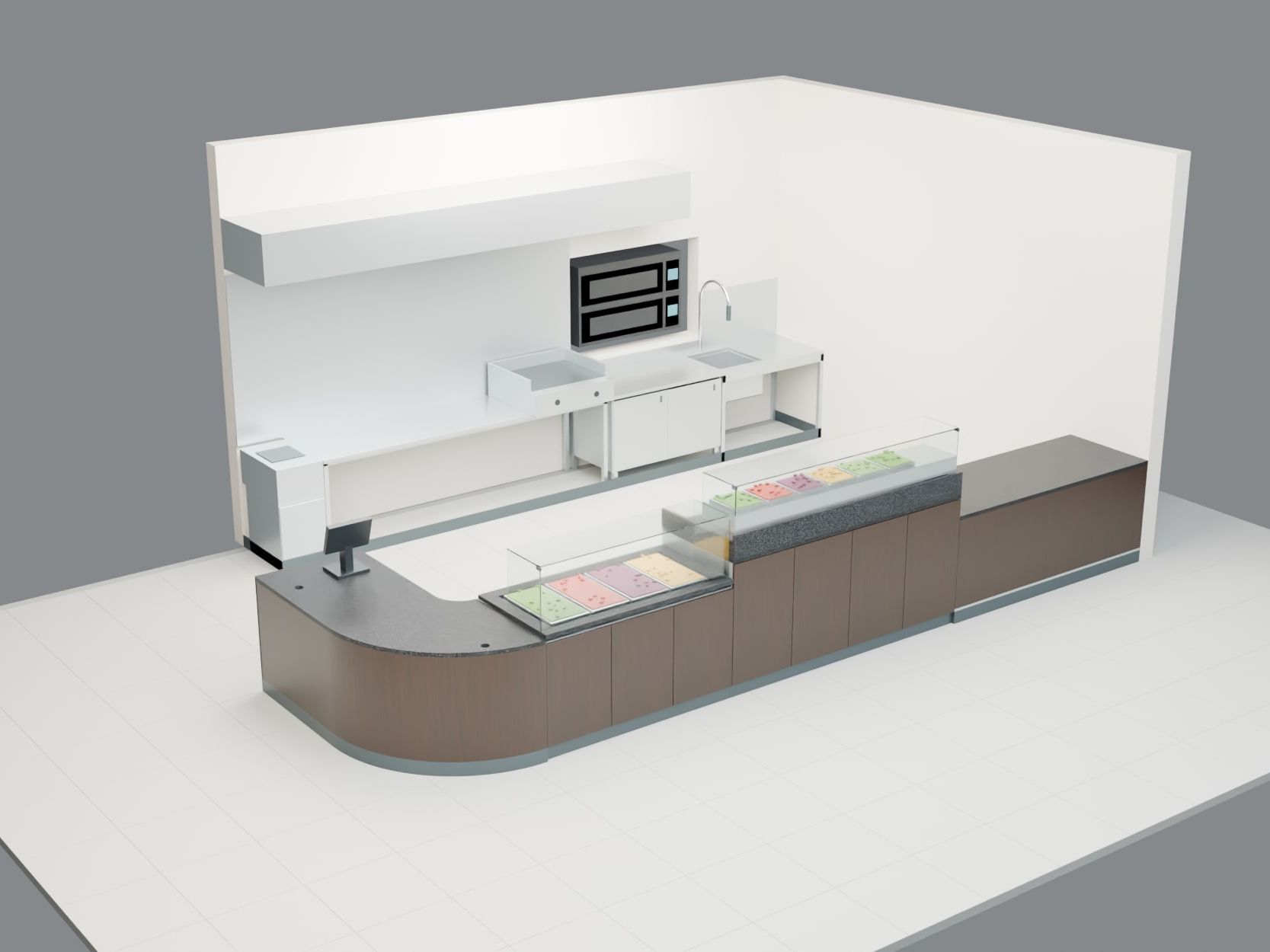 Take-away with curved counter, Wohlen AG — Counter from the customer side, 3D model — Visualisation