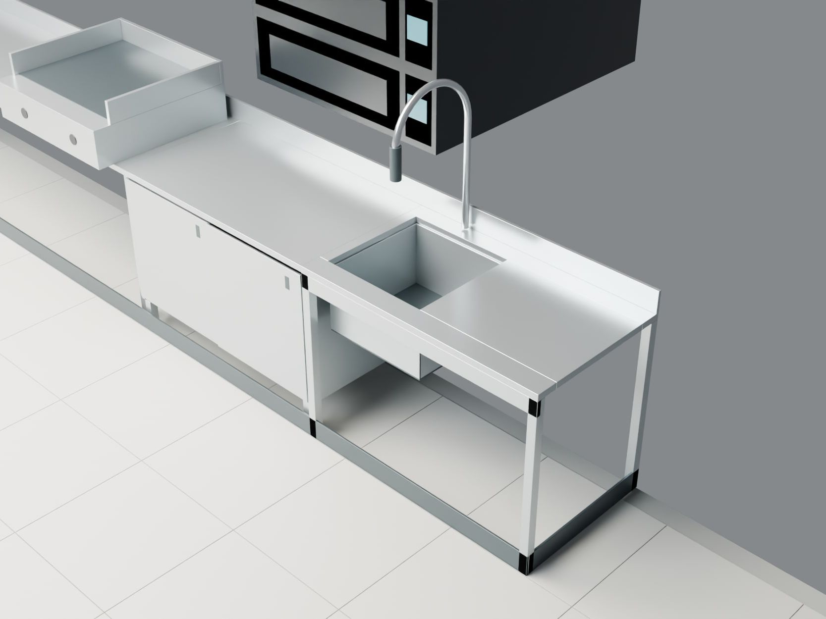 Take-away with curved counter, Wohlen AG — Sink unit with open base, 3D model — Visualisation