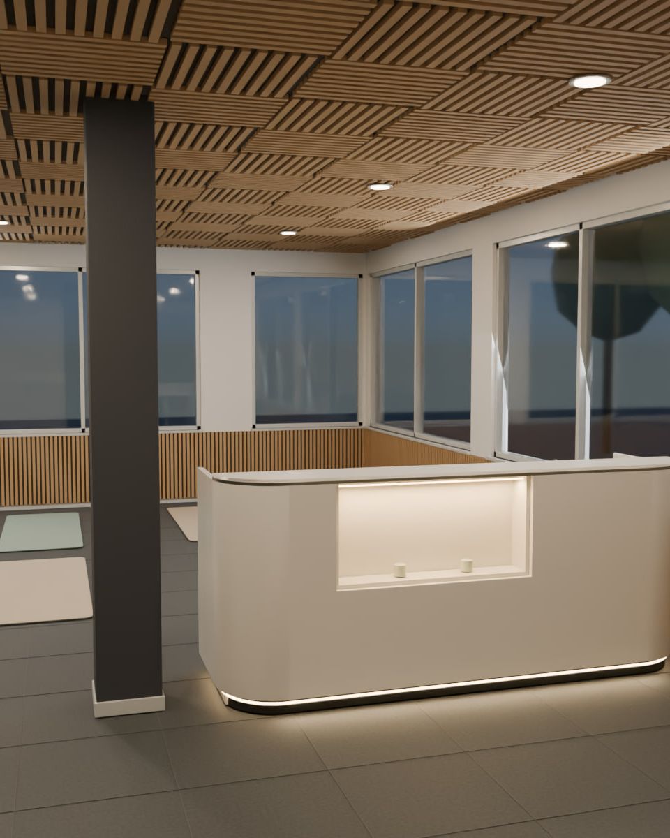Reception counter, studio, Pratteln BL — Reception counter in the studio, evening light — Visualisation