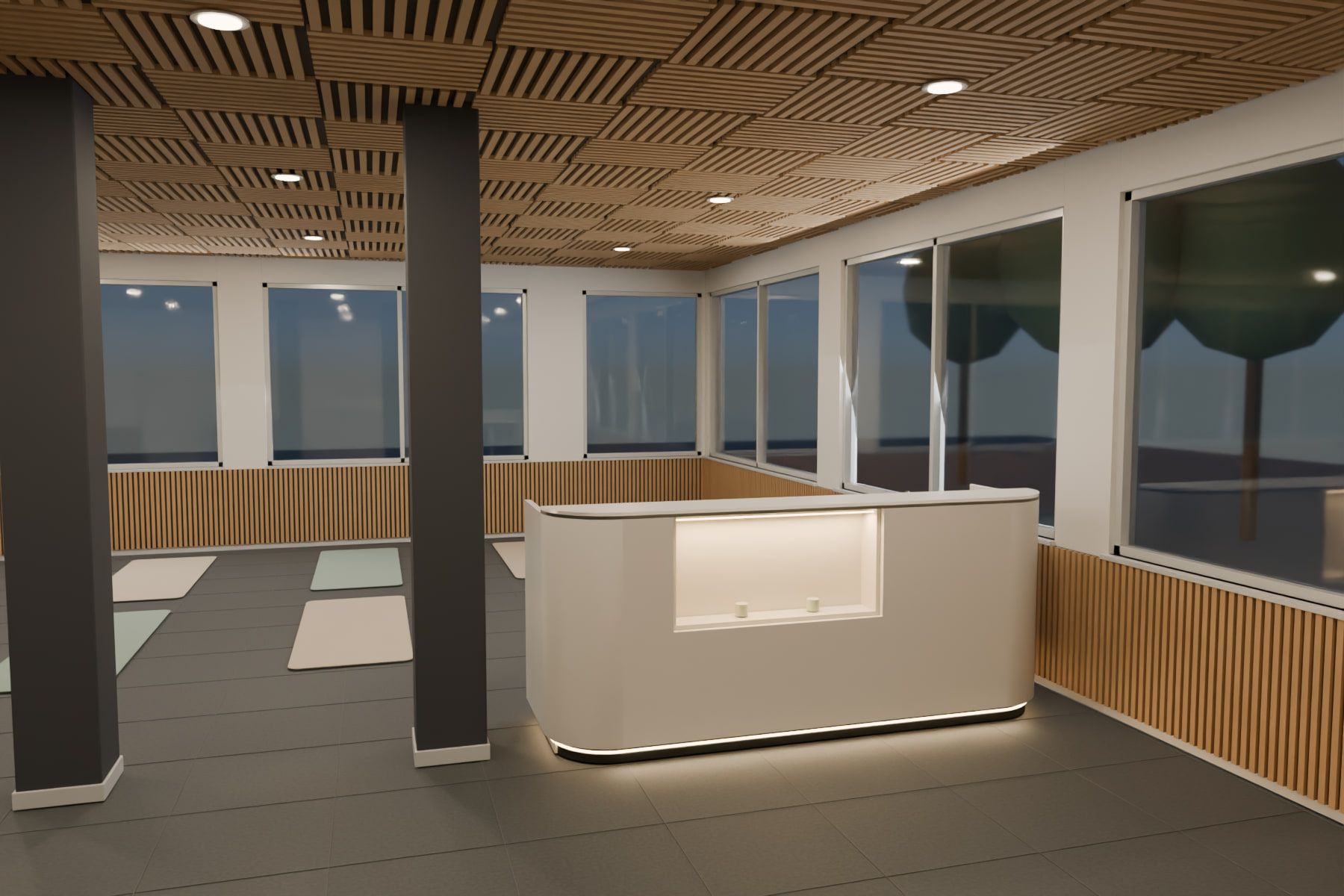 Reception counter, studio, Pratteln BL — Reception counter in the studio, evening light — Visualisation