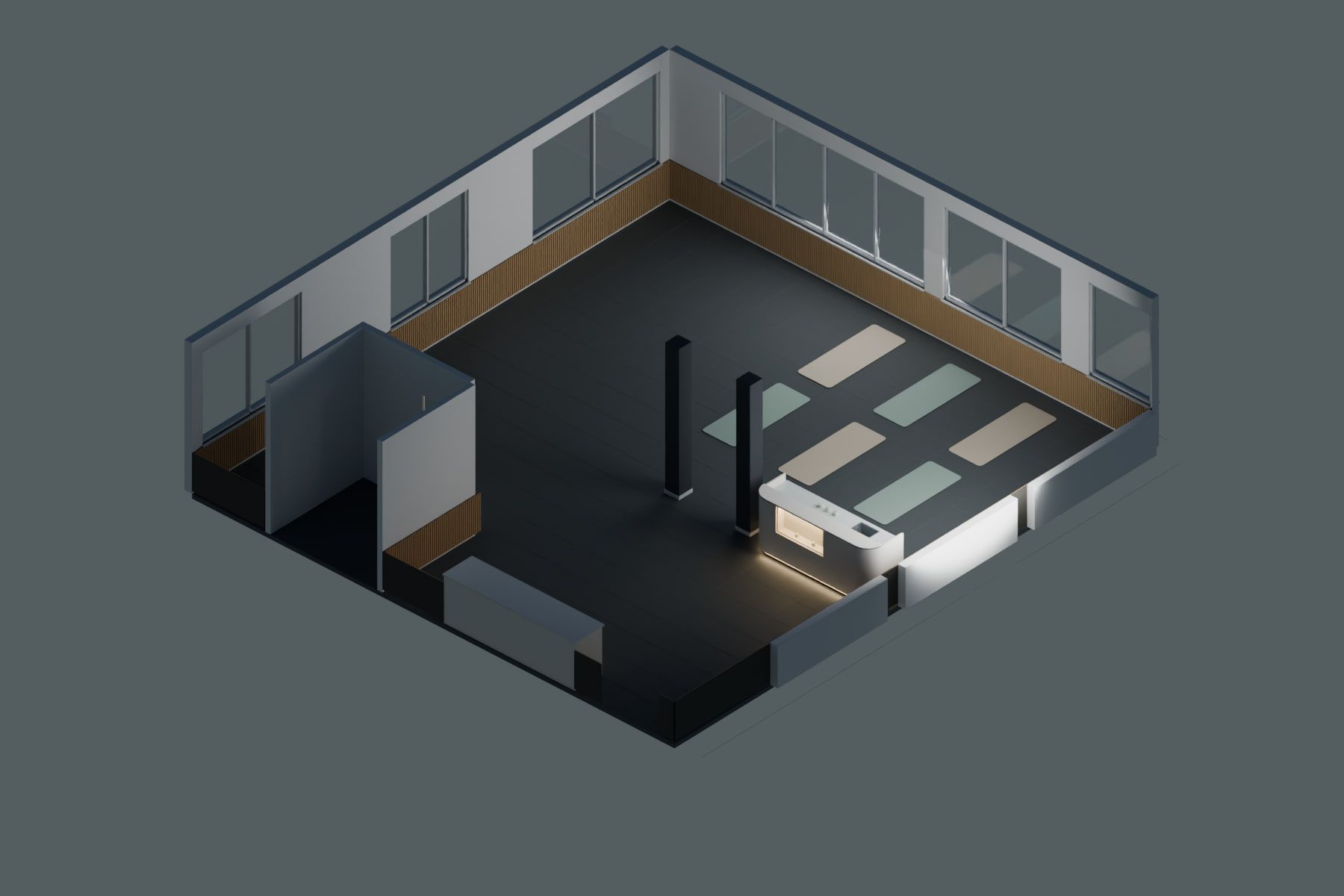 Reception counter, studio, Pratteln BL — The space as a 3D model, schematic — Visualisation