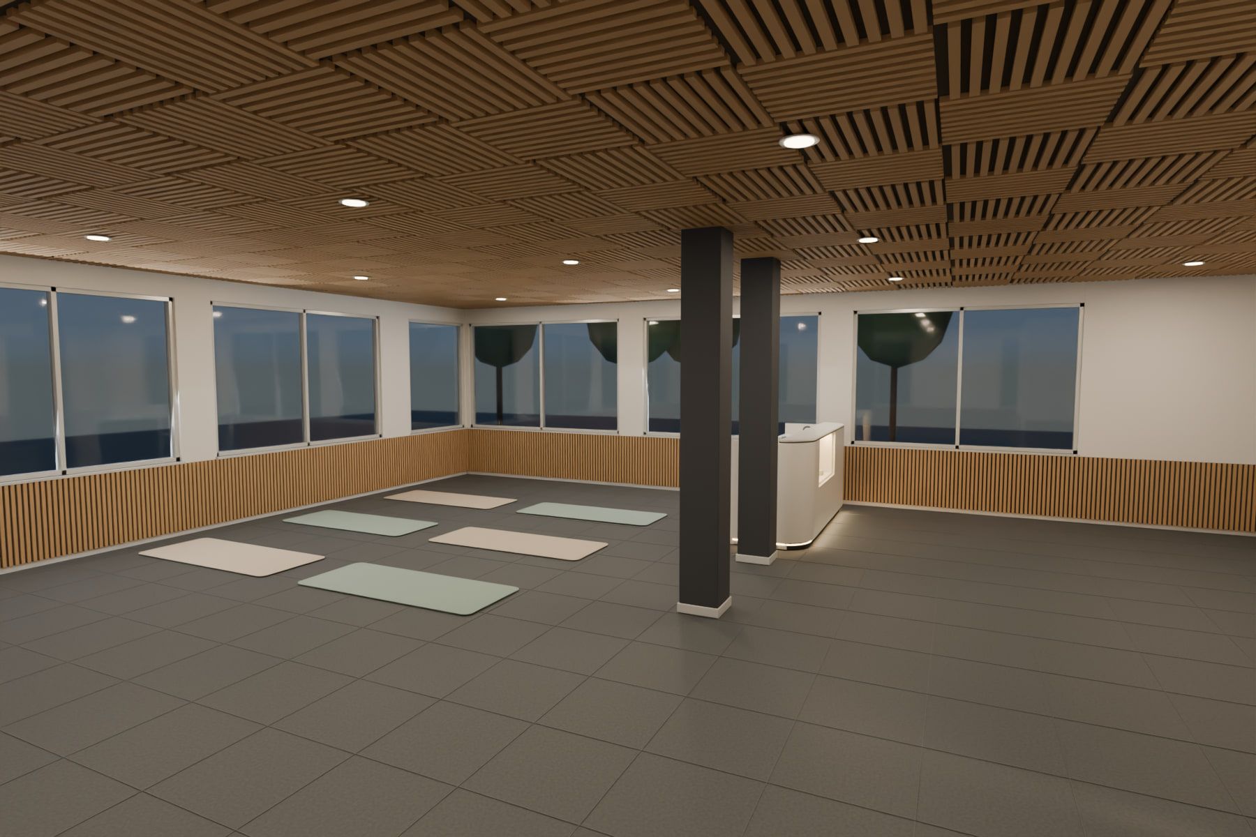 Reception counter, studio, Pratteln BL — Studio with timber slat ceiling — Visualisation