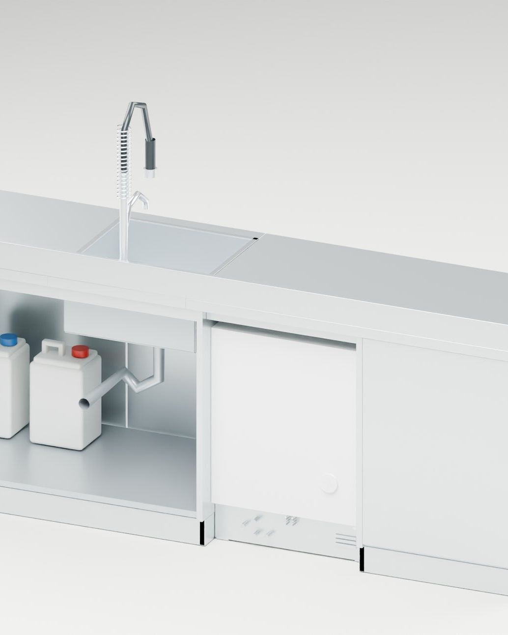 Custom warewashing line, event venue, Sarnen OW — Open back: canisters, trap and connections stay accessible — Visualisation