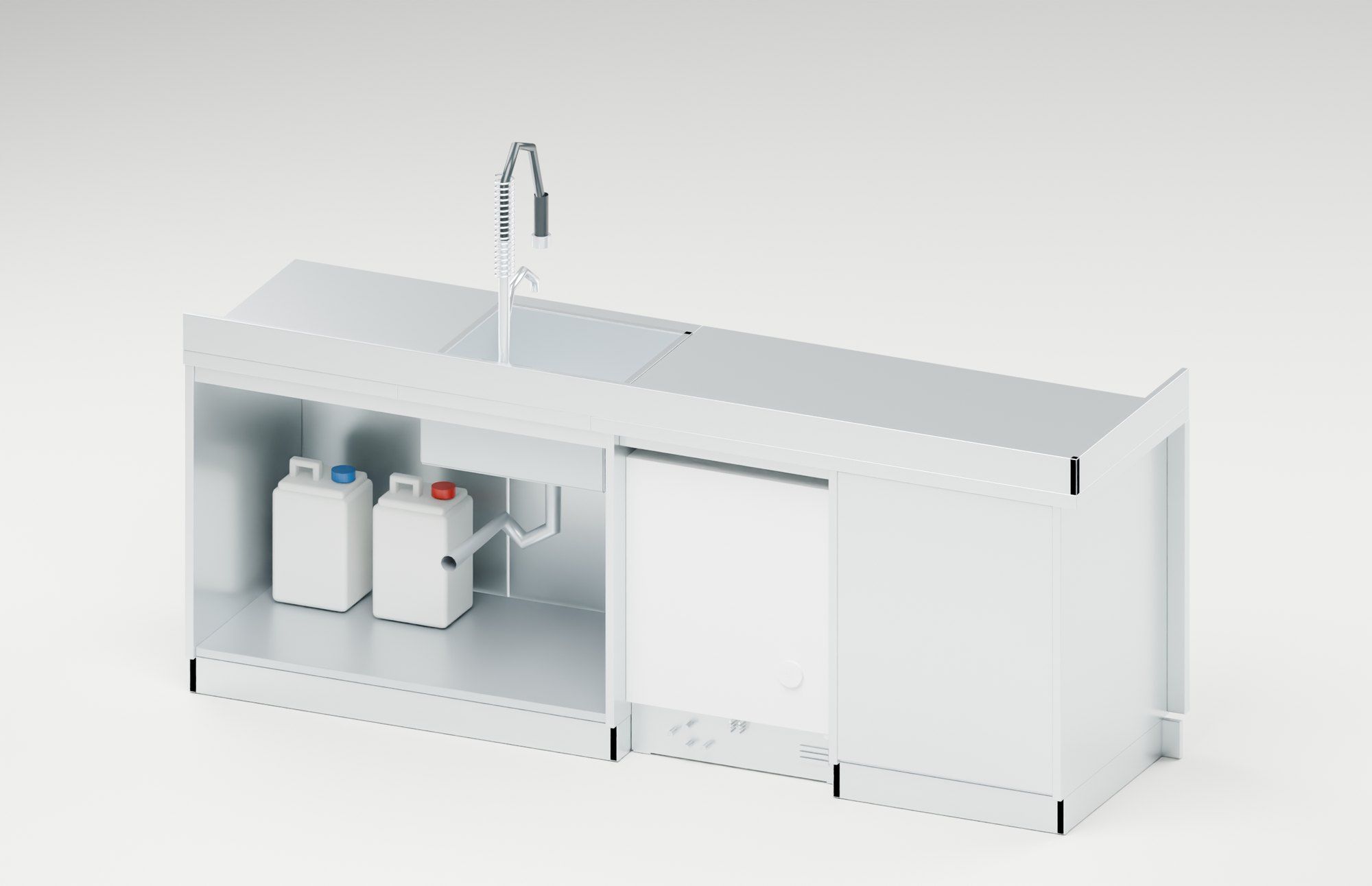 Custom warewashing line, event venue, Sarnen OW — Open back: canisters, trap and connections stay accessible — Visualisation
