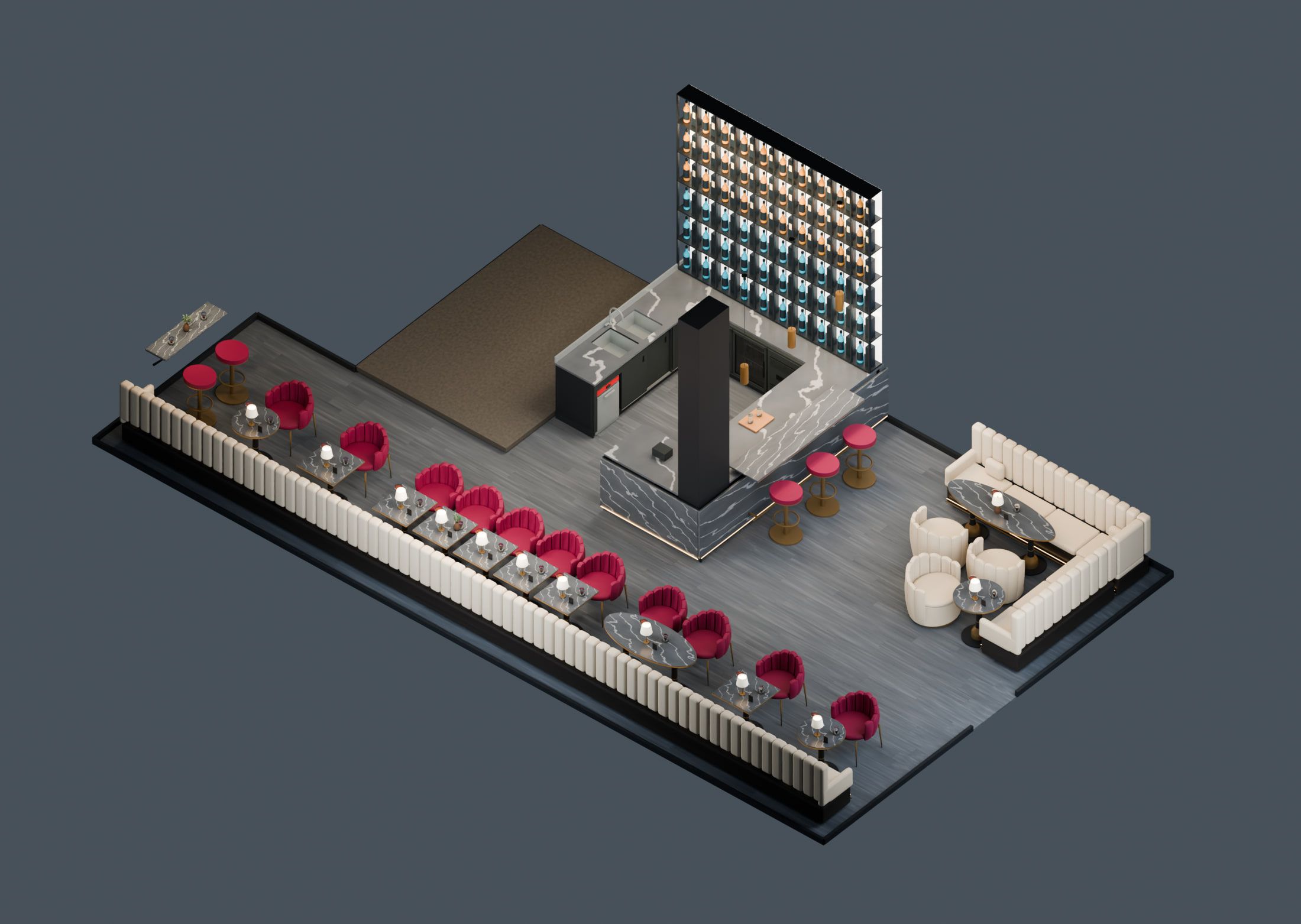 Bar & lounge, Suhr AG — Dining room, axonometric view of the 3D model — Visualisation