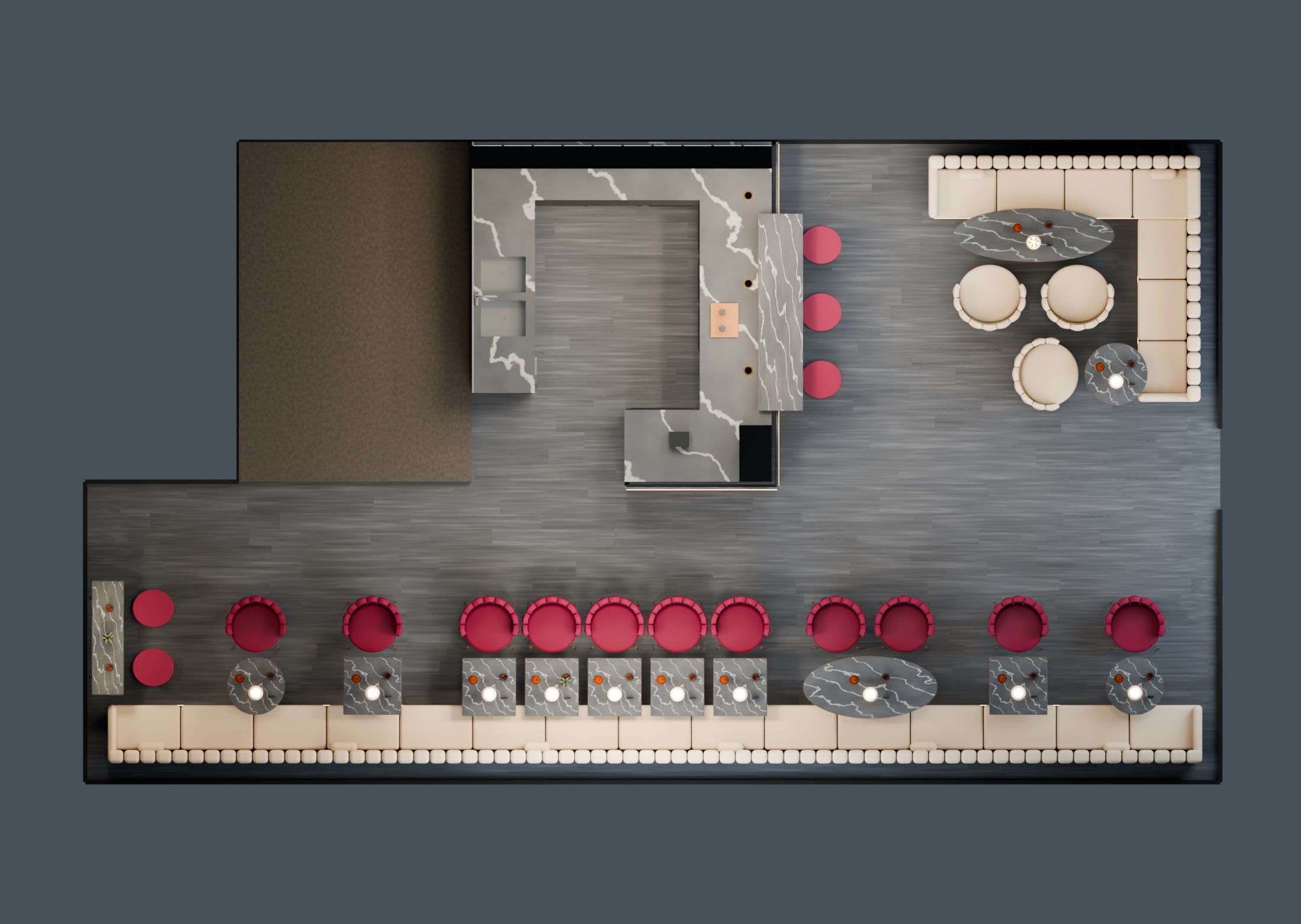 Bar & lounge, Suhr AG — Dining room from above, 3D model — Visualisation