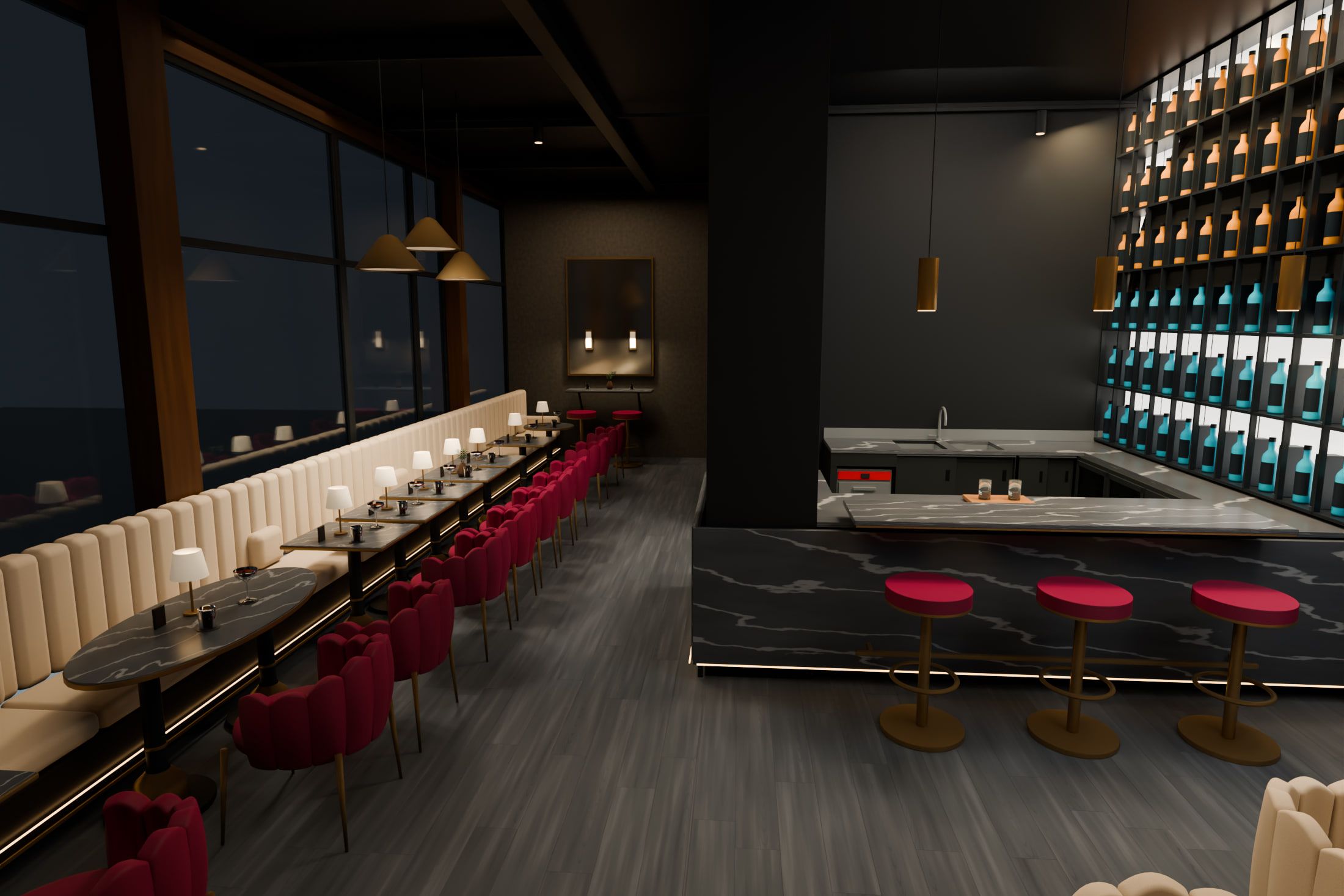 Bar & lounge, Suhr AG — Dining room in the evening, looking towards the bar — Visualisation