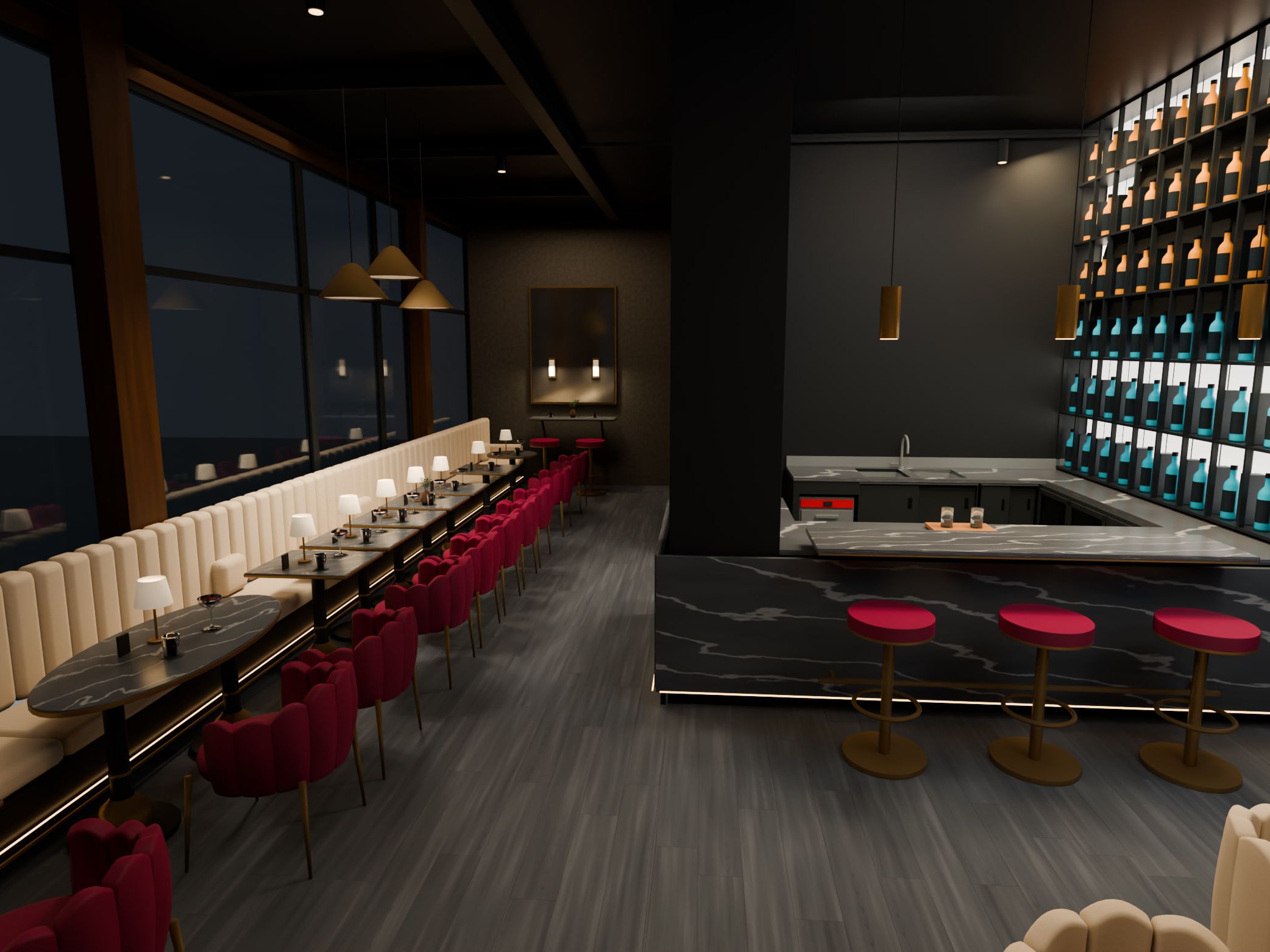 Bar & lounge, Suhr AG — Dining room in the evening, looking towards the bar — Visualisation