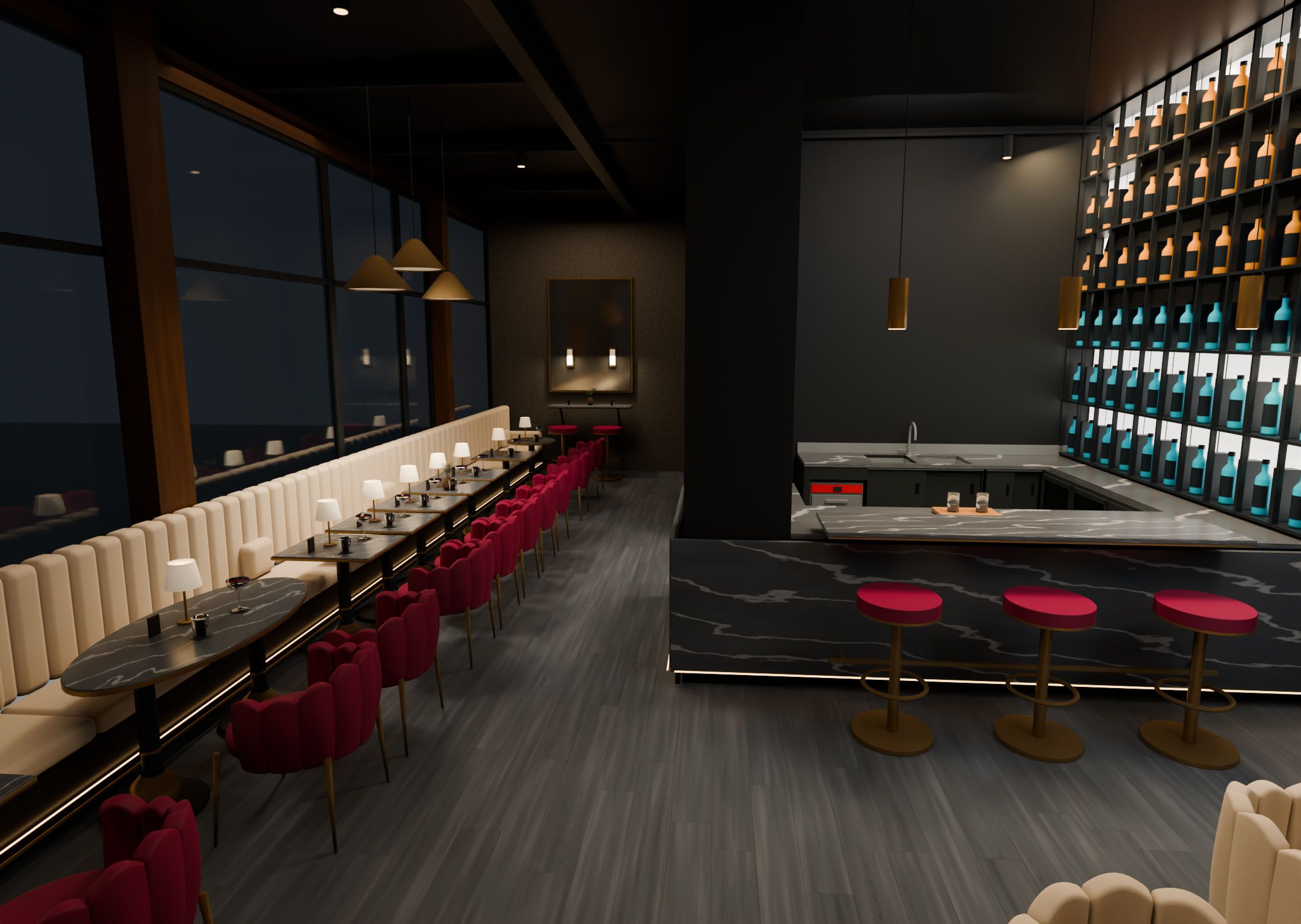 Bar & lounge, Suhr AG — Dining room in the evening, looking towards the bar — Visualisation