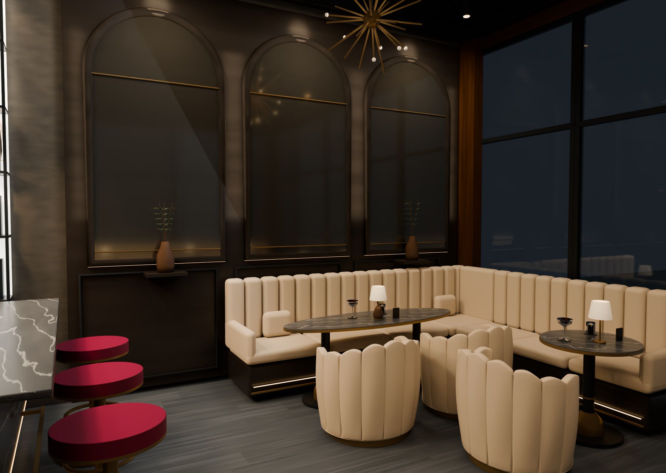 Bar & lounge, Suhr AG — Lounge corner with banquette — Visualisation