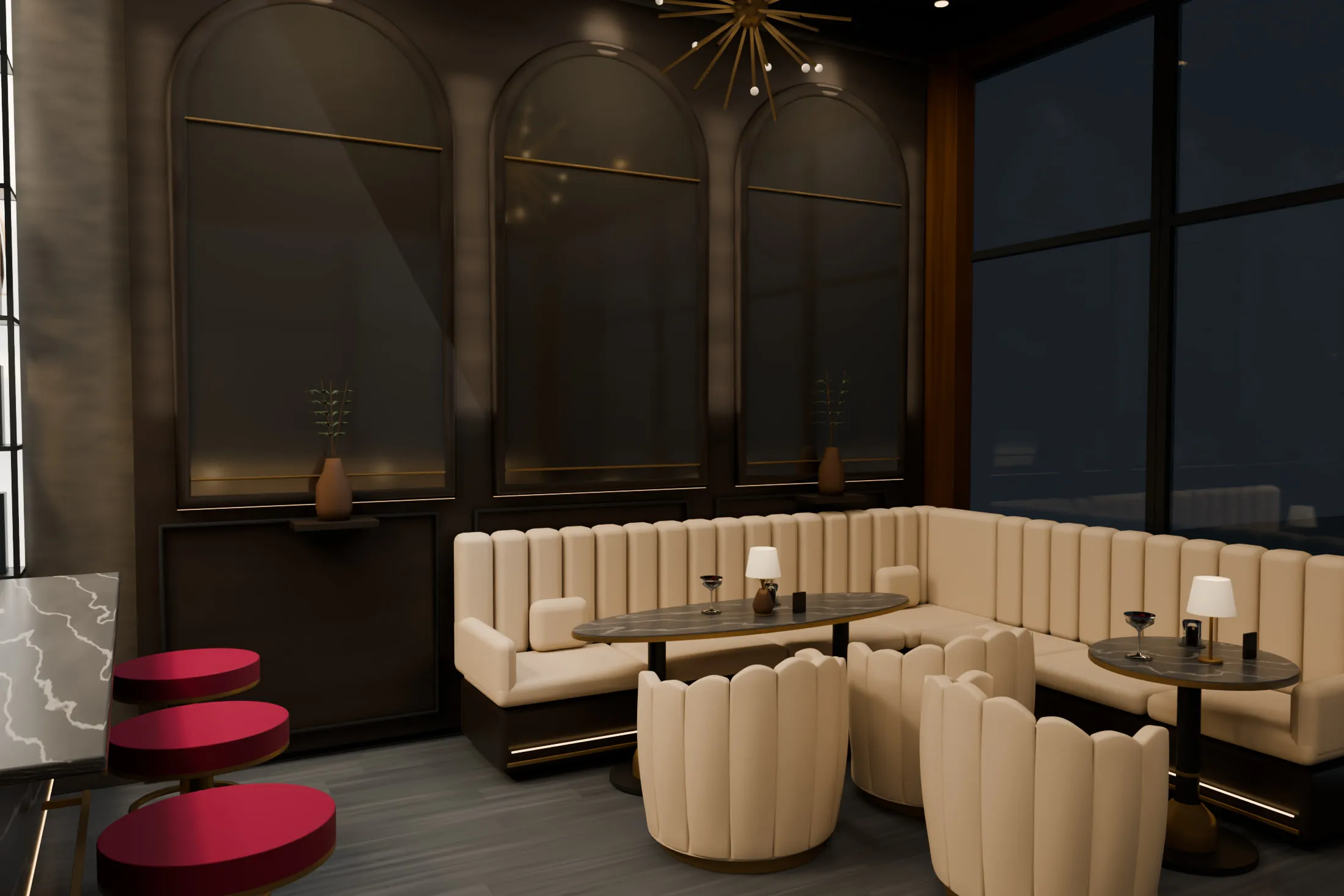 Bar & Lounge, Suhr AG — Lounge-Ecke mit Bank — Visualisierung