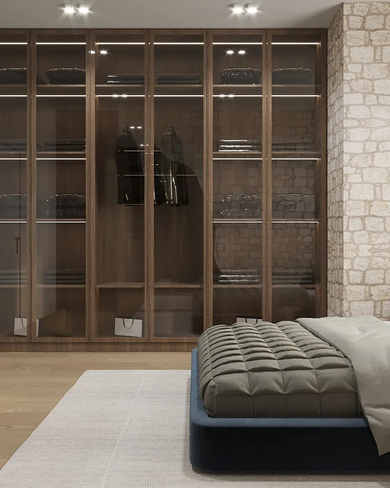 Maisonetten in Naturstein, Athytos, Chalkidiki, Griechenland — Schlafzimmer mit verglastem Schrank — Visualisierung