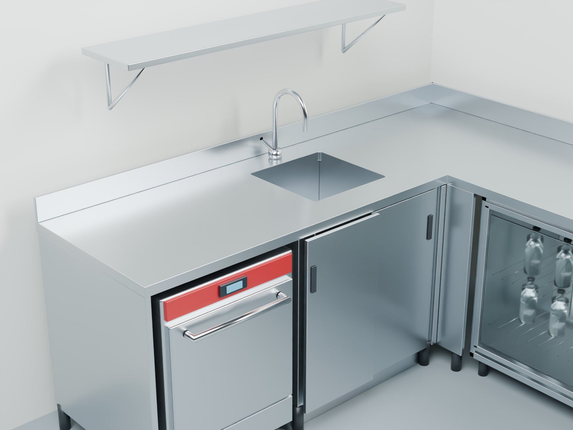 Custom stainless-steel bar line, Mörlenbach, Germany — Warewashing side: welded-in sink, dishwasher under the top — Visualisation
