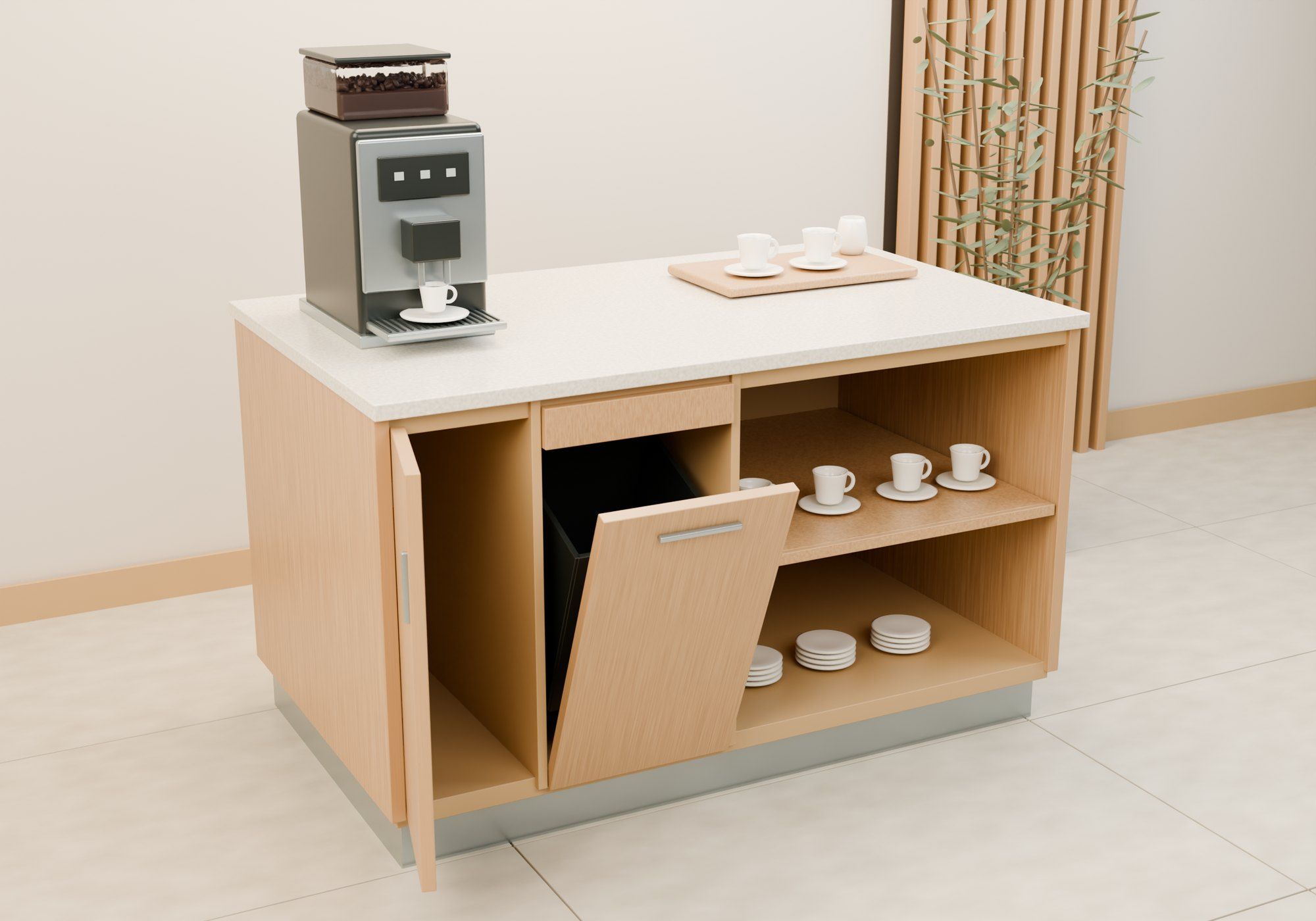 Custom coffee counter, hotel, Lausanne VD — Technical compartment and waste flap open — Visualisation