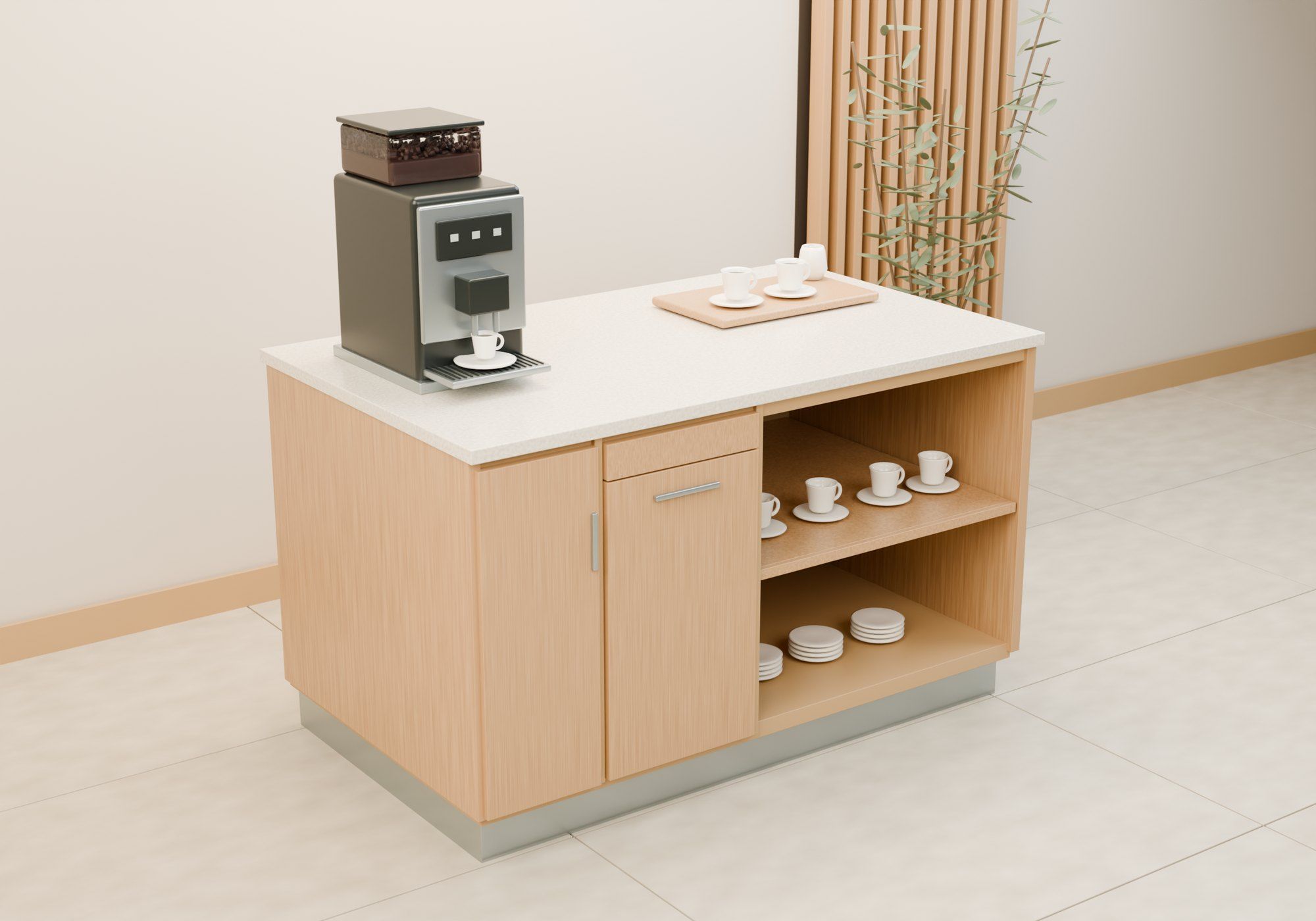 Custom coffee counter, hotel, Lausanne VD — Coffee counter in the 3D model, closed — Visualisation