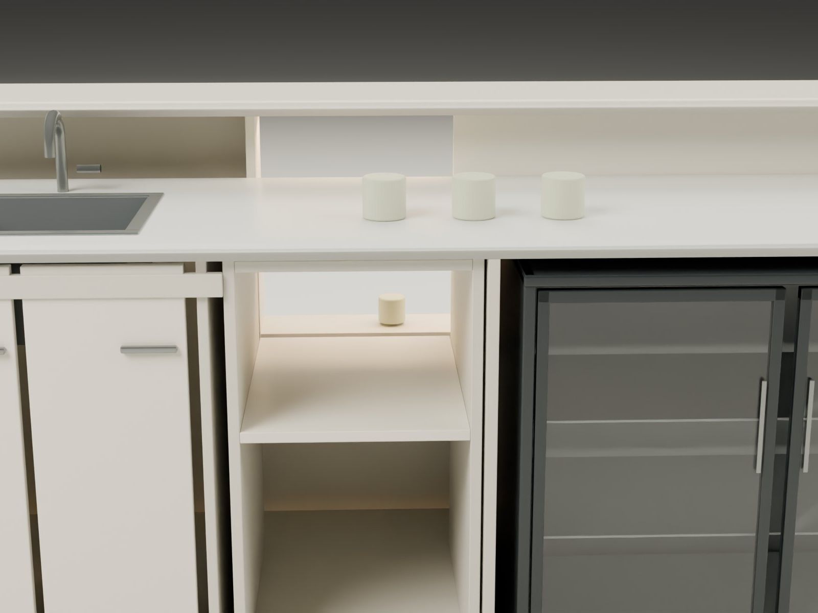 Reception counter, studio, Pratteln BL — Staff side: partial access to the lit niche between the sink bay and the cooler — Visualisation