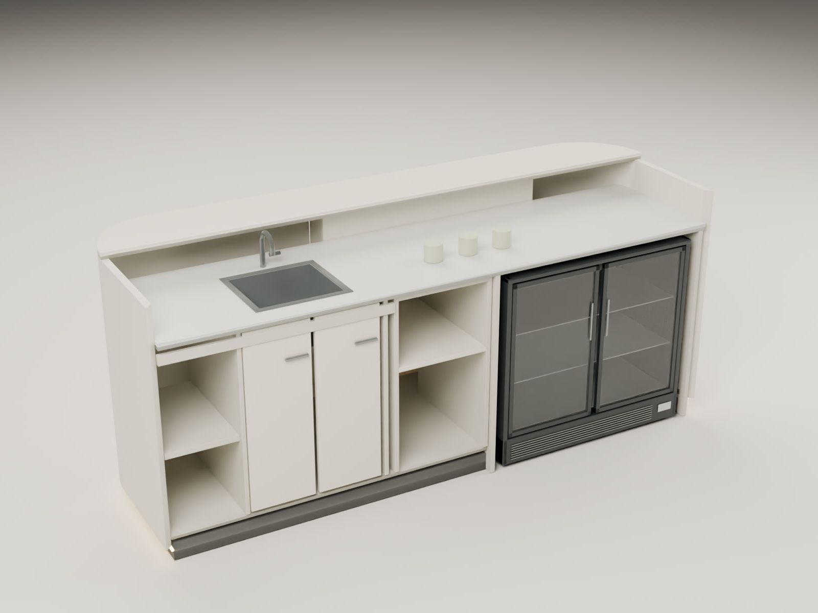Reception counter, studio, Pratteln BL — Counter from the staff side: sink, storage, refrigeration — Visualisation